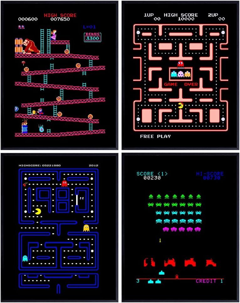 Classic Arcade Games Wall Art Prints – Arcade Decor – 8×10 Set for Man Cave, Den, Family Room, Bar, Bedroom – Gift for Gamers, Video Game, Pacman, Ms Pacman, Donkey Kong, Space Invaders Fans