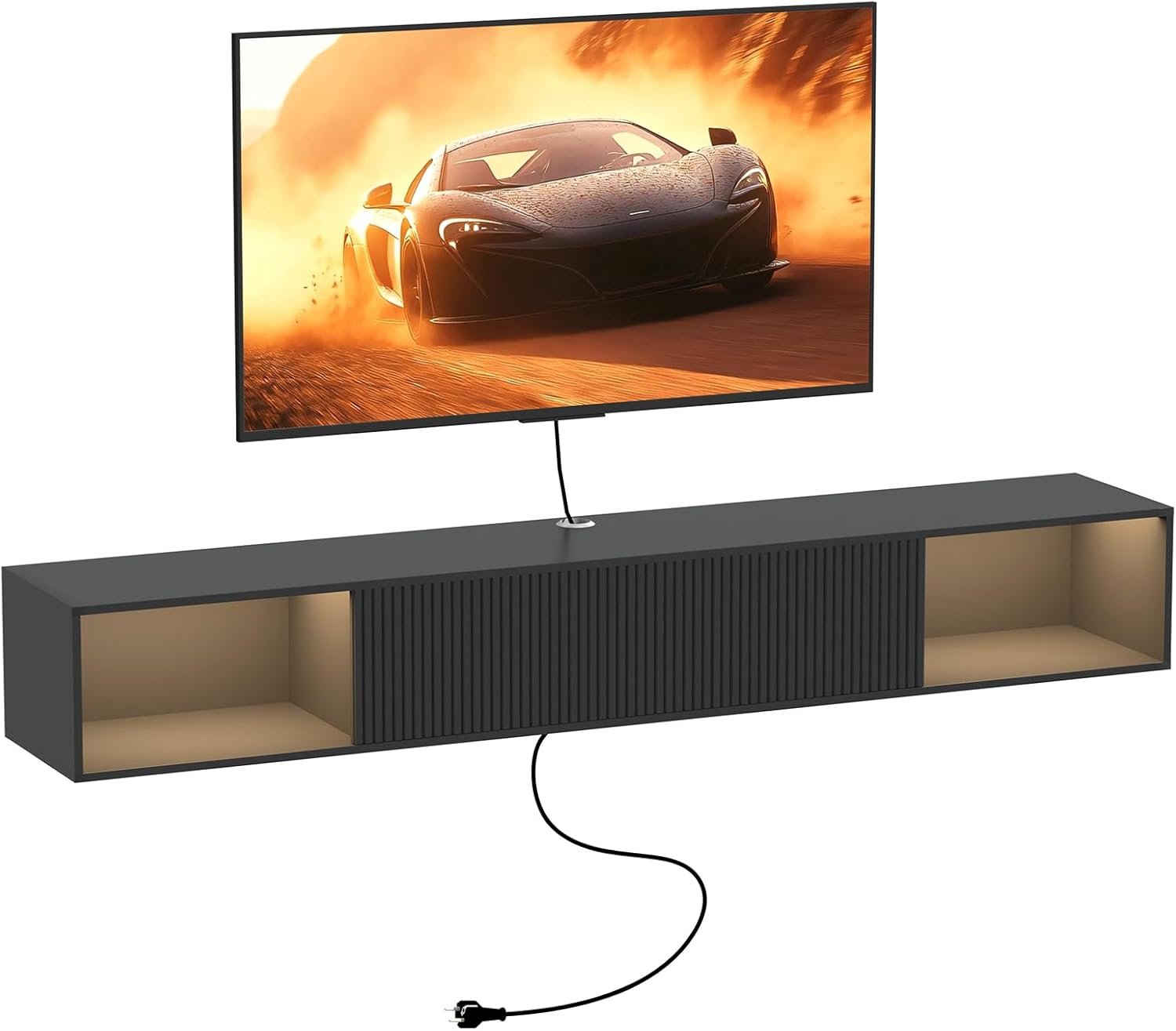 55″ Floating TV Stand with LED Light, Floating TV Stand Wall Mounted, Floating Entertainment Center with Storage Long for Bedroom, Wood Floating TV Shelf for Living Room (Black)