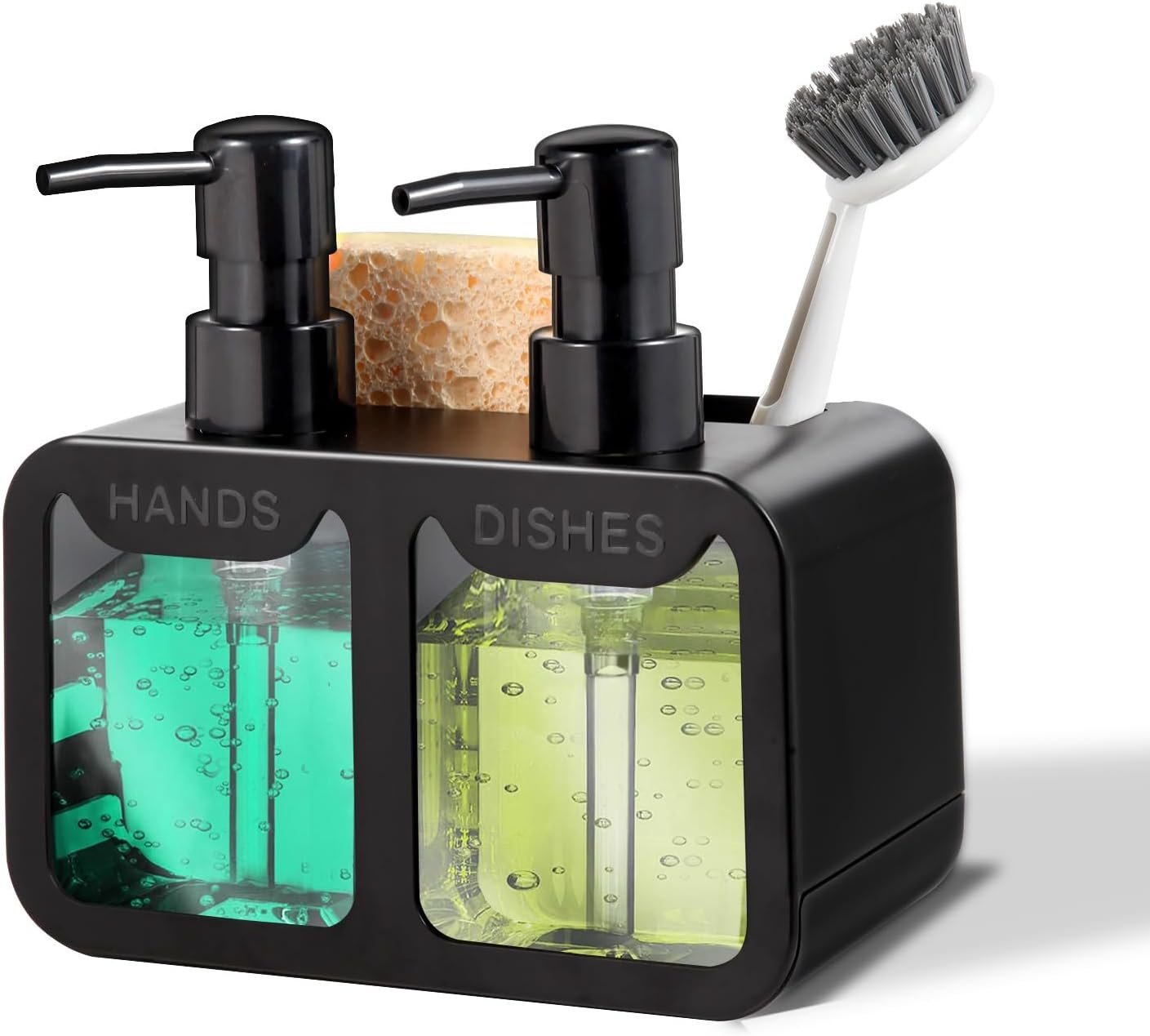 Kitchen Soap Dispenser Set, with Hand and Dish Soap, Sponge Caddy and Brush Holder 4-in-1 Kitchen Dual Soap Dispenser Set for Kitchen Sink, Bathroom – Black