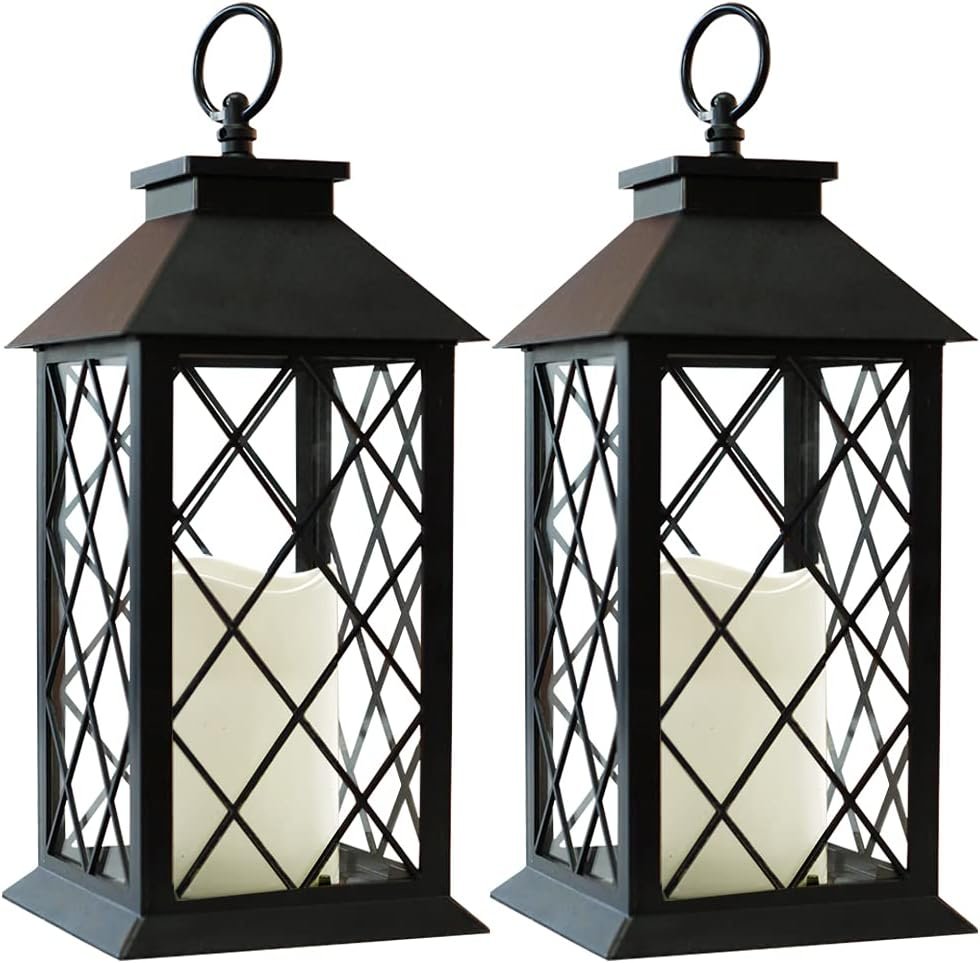 2-Pack 13.5″ Vintage Candle Lantern with LED Pillar Candle (Black, 6hr Timer) – IP44 Waterproof Battery Powered Decorative Light – Outdoor Patio Hanging Lantern Decorative Tabletop Light