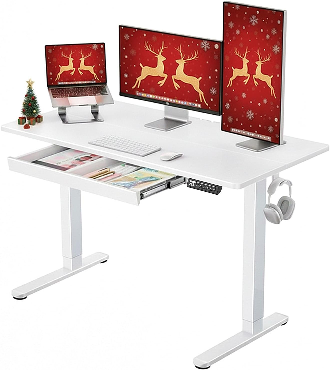 ErGear Electric Standing Desk with Drawers, 48″ x 24″ Height Adjustable Desk with 4 Preset, Home Office Computer Table with Splice Board, White