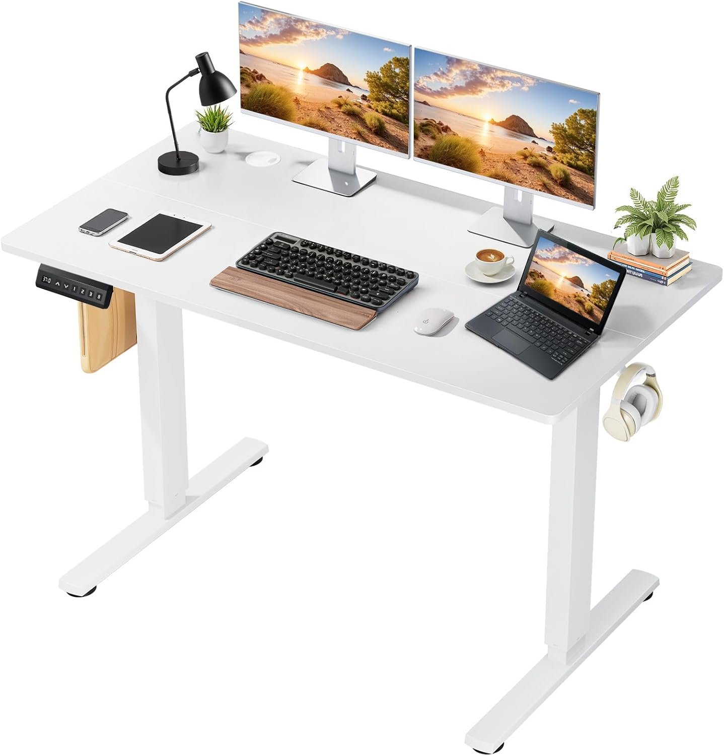 48 x 24 in Electric Standing Desk – Memory Height Adjustable Ergonomic Sit-to-Stand Rising Computer Table Gaming Workstations with 2 Hooks and Wire Hole for Home Office, White