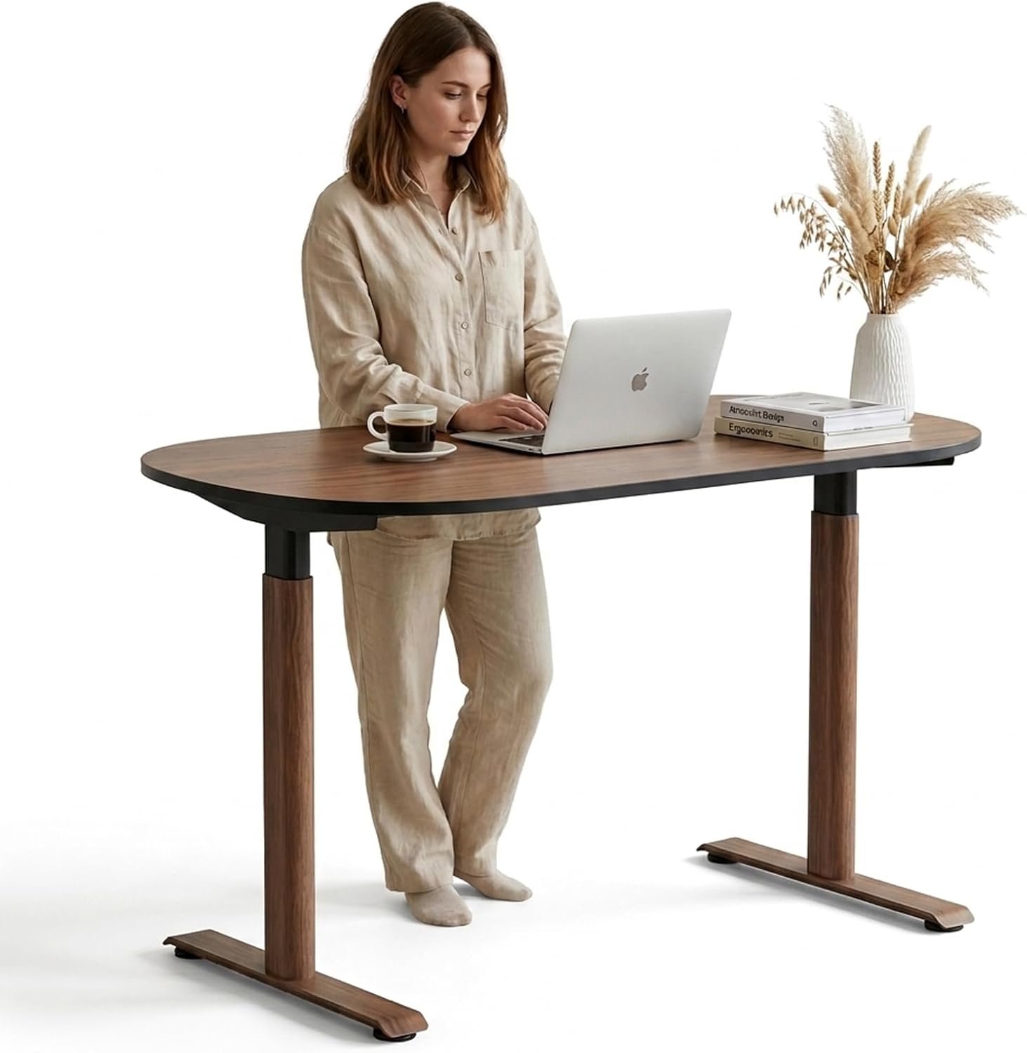 Electric Standing Desk 48 x 24, Stable No Wobble Sit Stand Desk with Quiet Motor & Memory Presets, One-Piece Walnut Desktop, Oval Leg Home Office Standing Desk, Anti-Collision, Minimalist Design