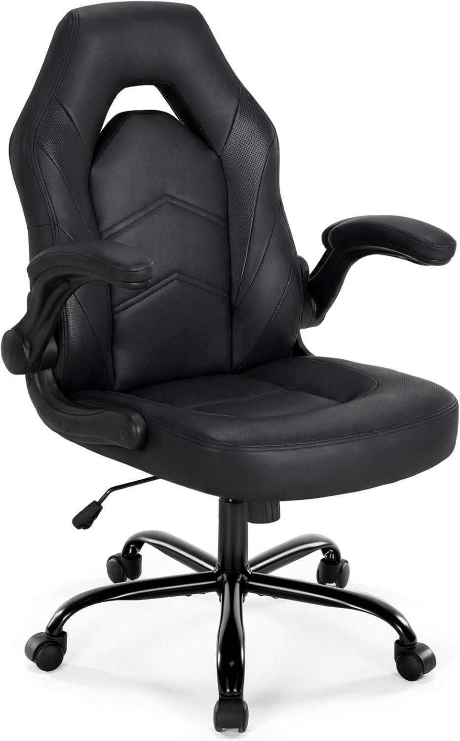 DUMOS Ergonomic Computer Gaming Chair – Home Office Desk with PU Leather Lumbar Support, Height Adjustable Big and Tall Video Game with Flip-up Armrest, Swivel Wheels for Adults, Black