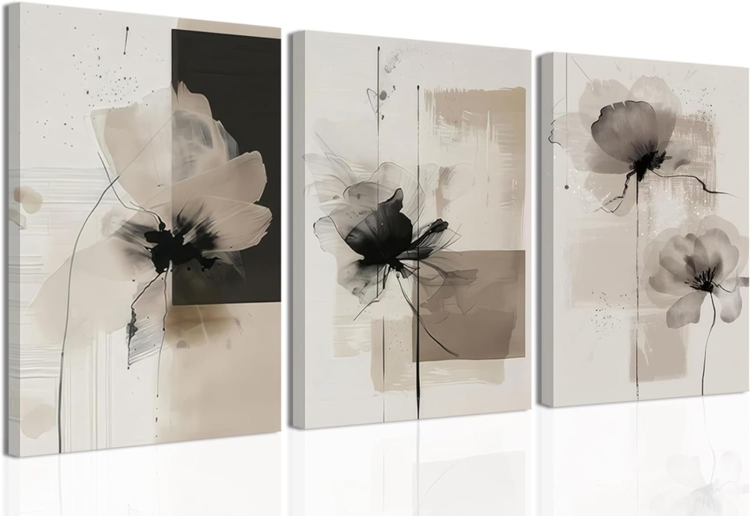 Neutral Abstract Floral Canvas Wall Art Modern Large Minimalist Wall Decor Contemporary Beige Black Flower Posters Prints Picture for Living Room Bedroom Bathroom Office 12×16 In Framed