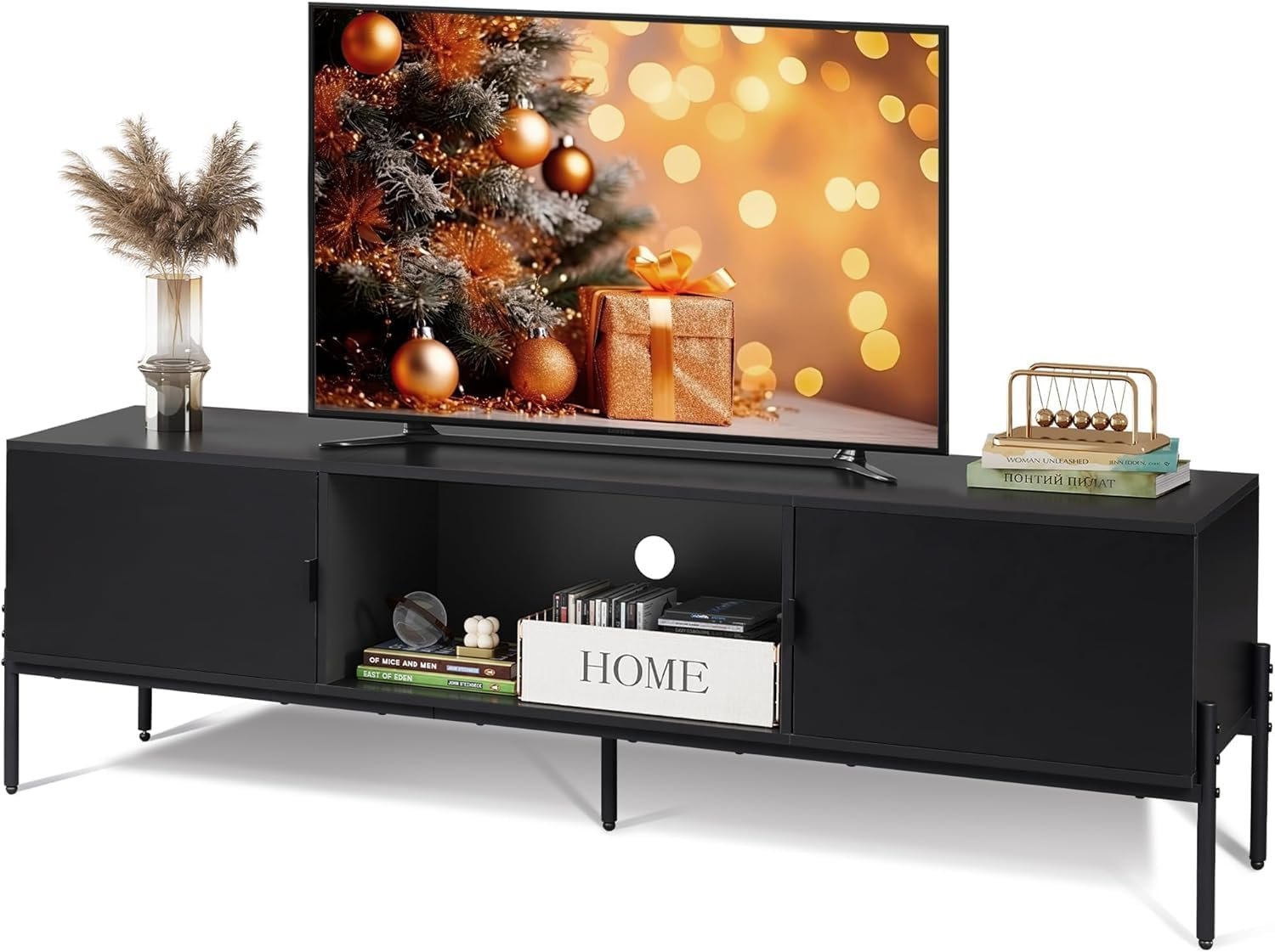 WLIVE TV Stand for 65 Inch TV, Mid Century Modern Entainment Center with 2 Storage Cabinets & Open Shelf, TV Console Table Media with Metal Legs for Living Room, Bedroom, Black