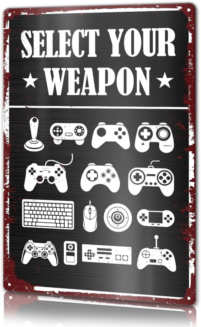 Gamer Room Metal Signs Wall Decor 12 X 8 Inches, Funny Video Game Decor for Boys Room Arcade Room Man Cave, Gaming Decorations Signs, Gamer Gifts for Men Son Husband, Select Your Weapon