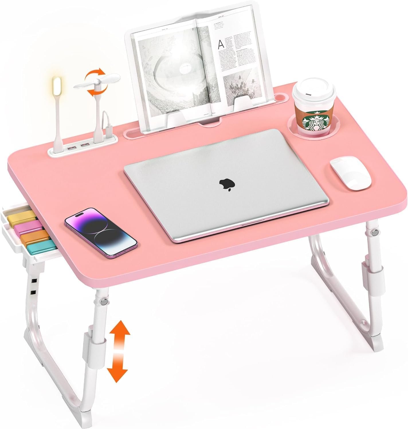 Lap Desk for Bed, Adjustable Laptop Desk with USB Charging Port, Storage Drawer & Bookshelf — Foldable Bed Desk for WFH & Students, 23.6″ Desktop Fits 20″ Laptop, Non-Slip, Pink