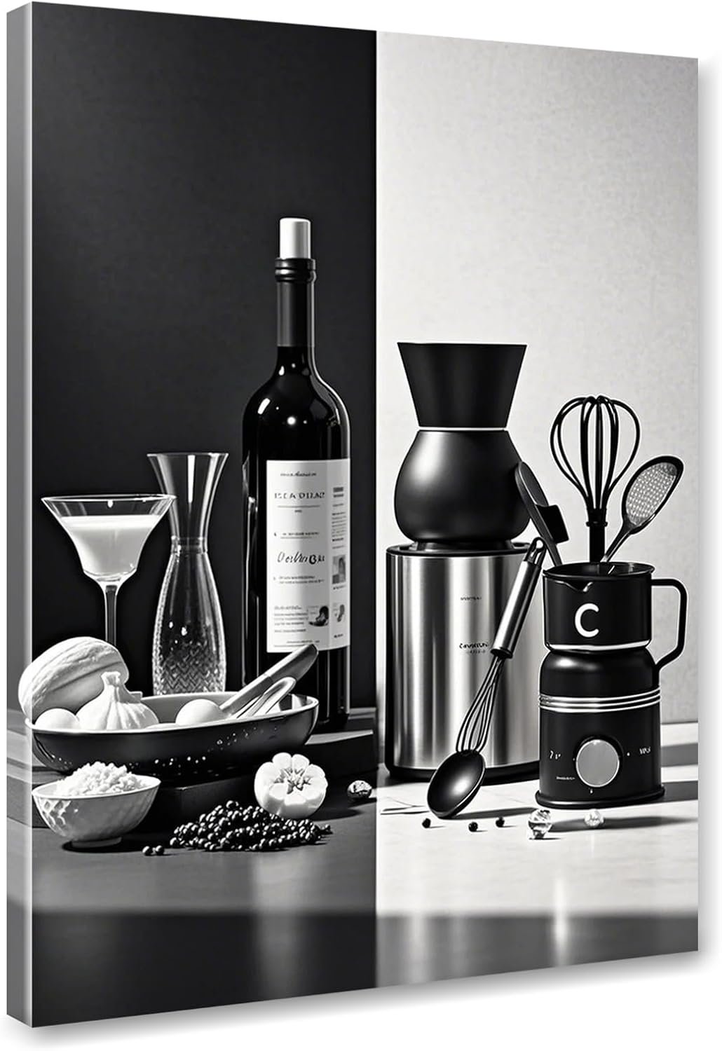 Black and White Kitchen Canvas Wall Art Dining Room Wall Decor Wine Bottle Seasoning Spoon Kitchen Picture Poster Prints Artwork Painting Dining Room Restaurant Bar Home Decorations 12×16 Inch Framed