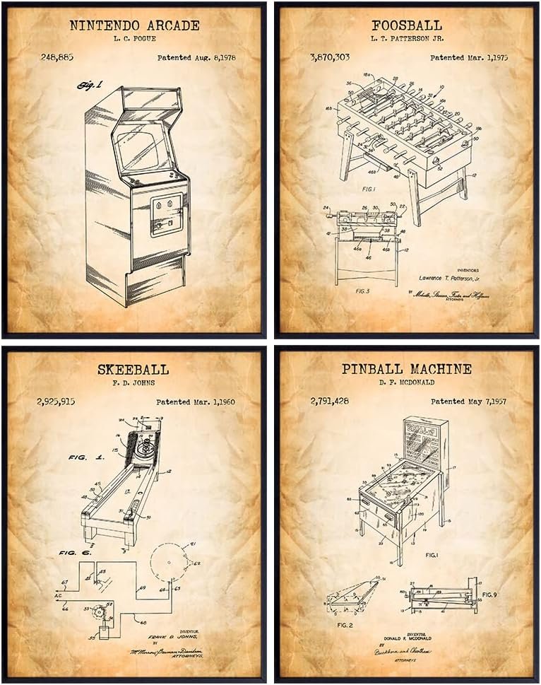 Video Arcade Games Patent Art Prints Wall Decor Set – Retro Vintage Home Decoration Pictures for Family, Living or Game Room, Bar – Gift for Gamers, Foosball, Pinball, Nintendo Fans – 8×10 Posters