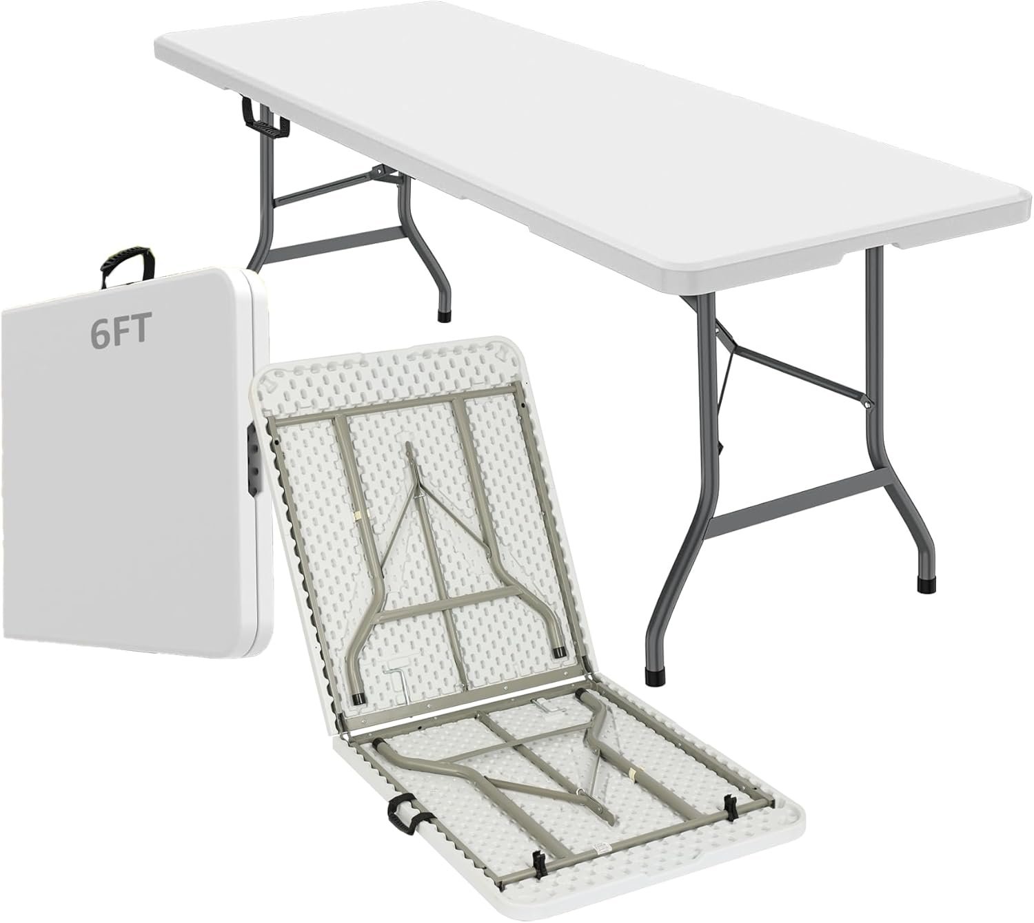 6FT Heavy Duty Folding Table, Portable Plastic Utility Table with Locking Legs & Handle, Indoor Outdoor Commercial Table for Watch Party, Tailgate, BBQ, Camping, Events, Backyard Dining White