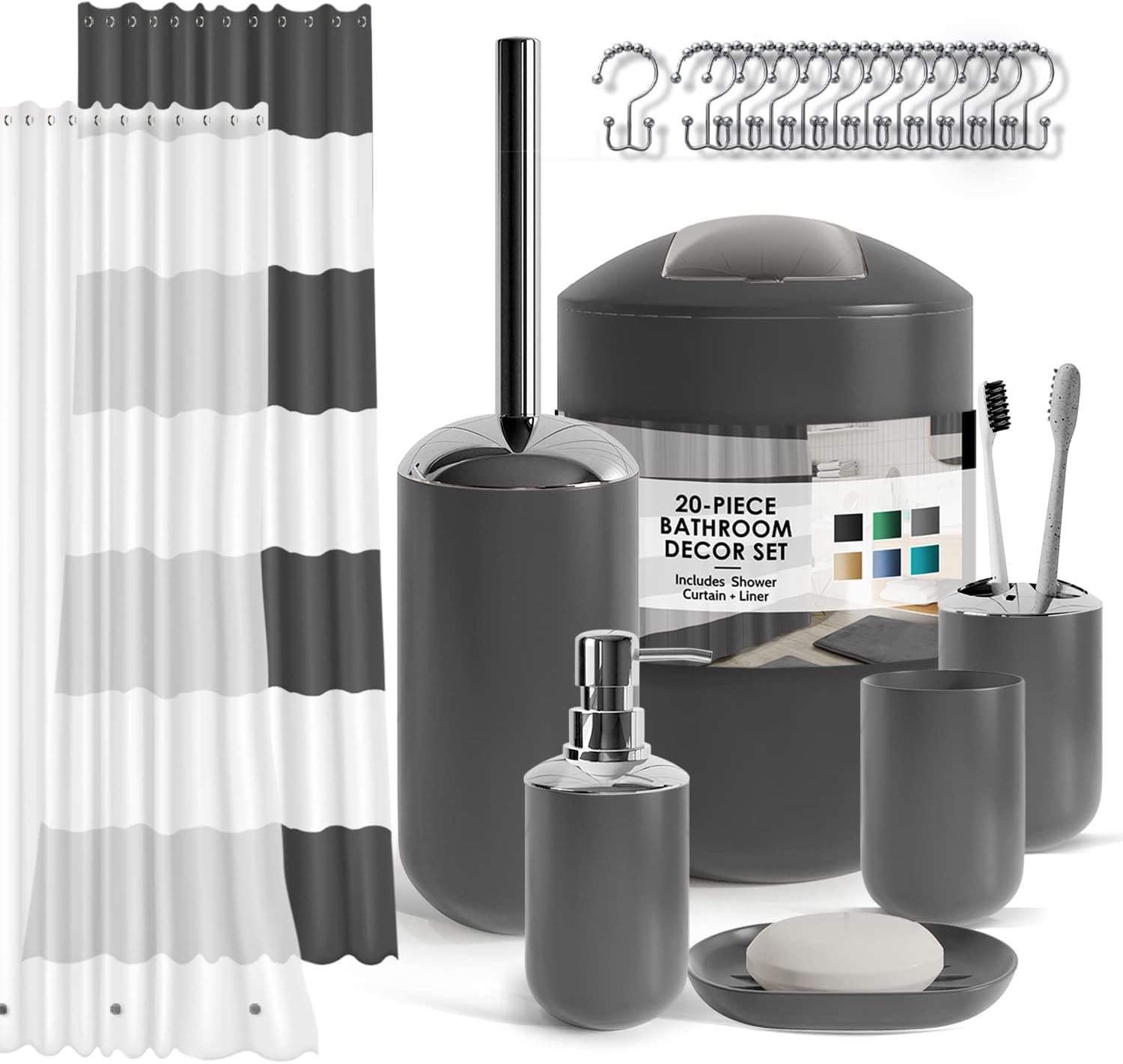 Clara Clark Bathroom Set – Gray Bathroom Accessories Set, 20PC Bathroom Accessory Set, Shower Curtain Set with Liner, Toothbrush Holder, Soap Dispenser, Soap Dish, Toilet Brush Holder, and Trash Can