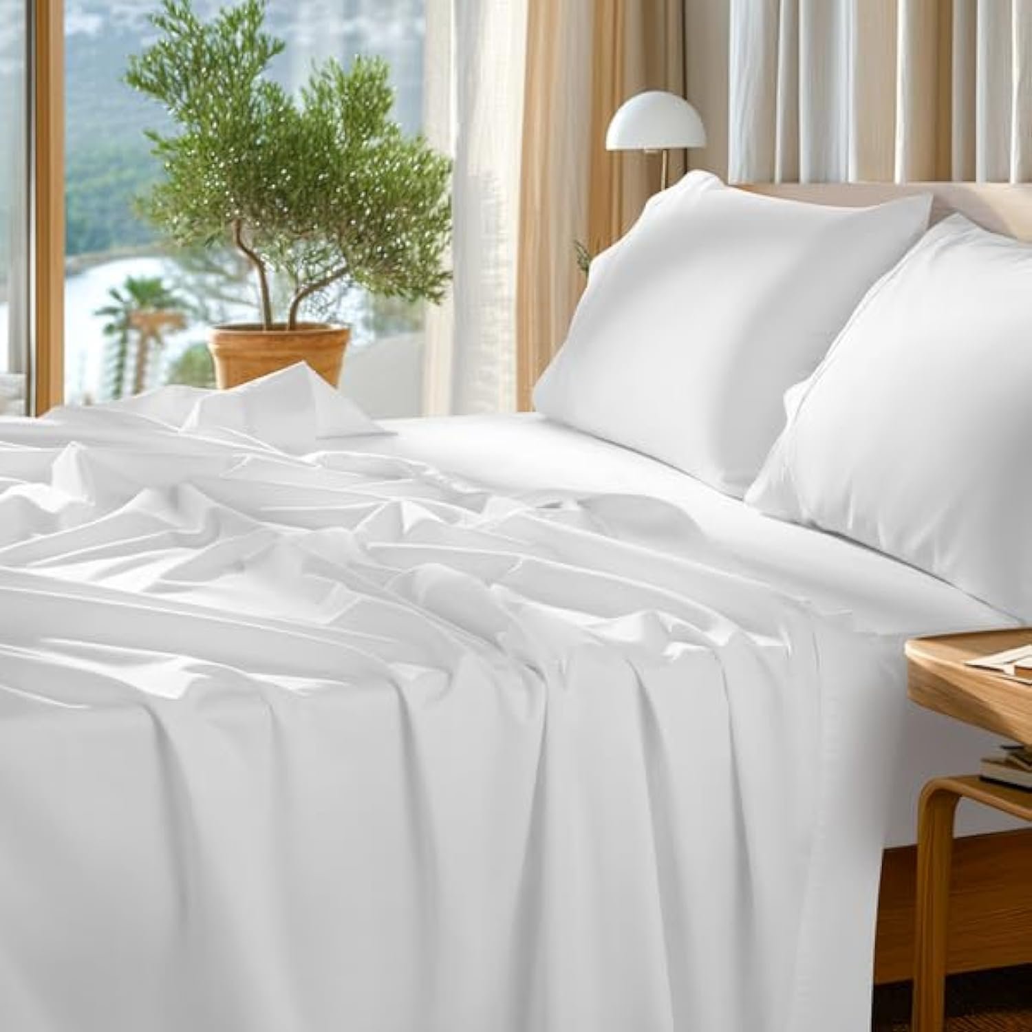 SONORO KATE 100% Egyptian Cotton Sheets Set – 1000 High Thread Count, Luxury 5-Star Hotel Sateen Bed Sheets, Soft, Breathable Long Staple Sheets, Fit up to 16″ – 4 PC (White,Queen)