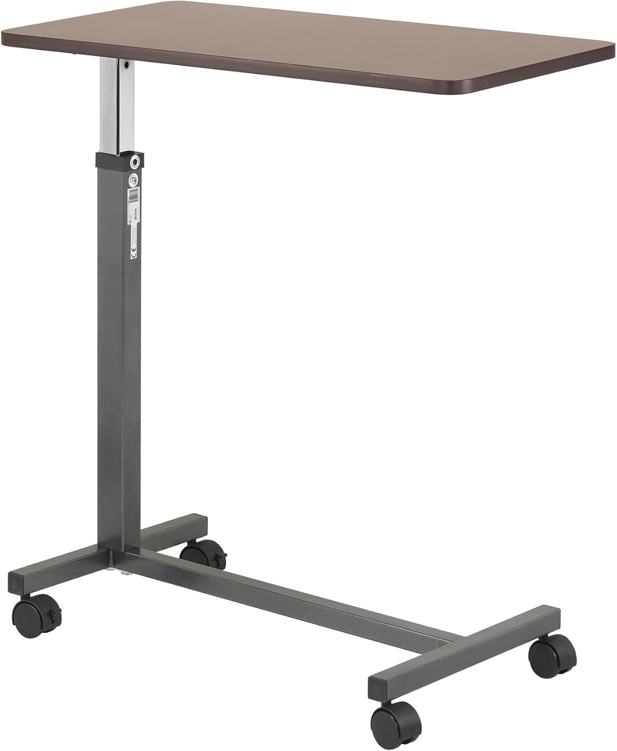 Drive Medical Overbed Table with Wheels – Secure Height Adjustment for Comfort – Non Tilt Surface – Smooth Rolling Design – Home & Hospital Use – Woodgrain Laminate Top – Silver Vein