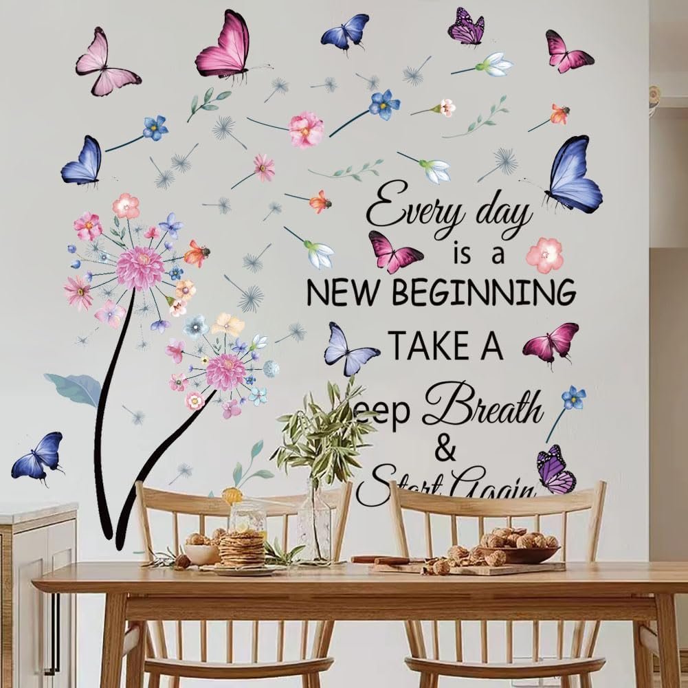 Flowers Wall Decals Removable Dandelion Wall Stickers Inspirational Quotes Flying Butterfly Wall Stickers Murals Self-Adhesive Peel and Stick Colorful Flower Wall Decor for Girls Bedroom Living Room