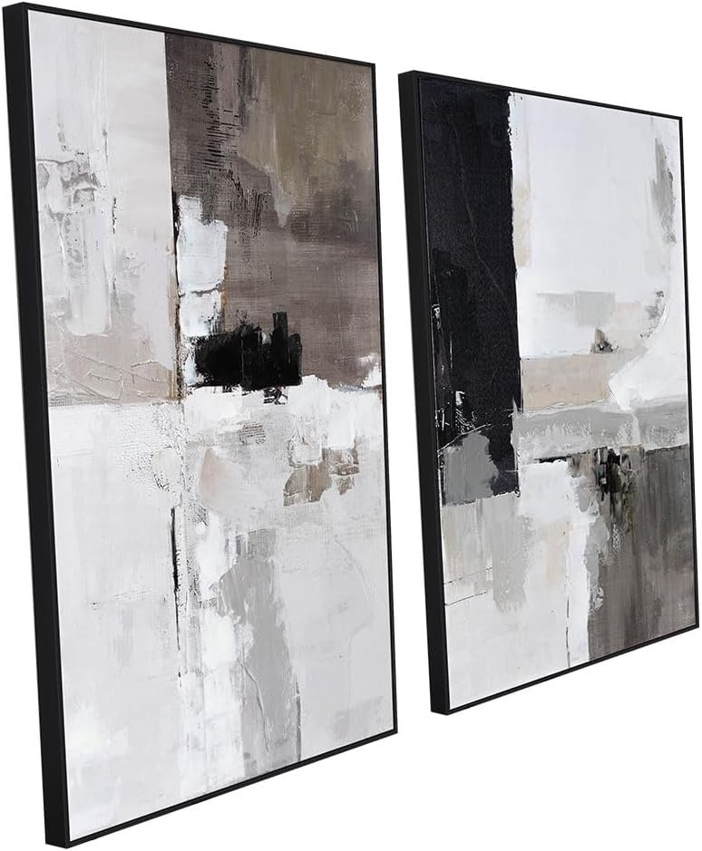 SAFERRYHOME Set of 2 Modern Grey and Black Abstract Wall Art – Framed Canvas Paintings for Living Room, Bedroom, Office Décor – 24×36 Inches Each