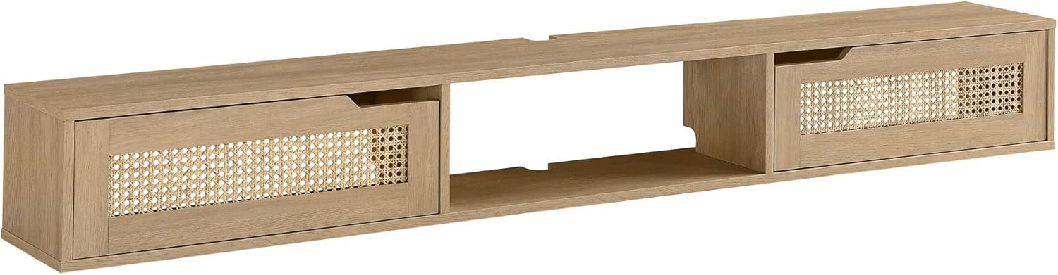 Walker Edison Destin Modern Rattan Flip-Down-Door Wall-Mounted Floating TV Stand for TVs up to 80 Inches, 70 Inch, Coastal Oak