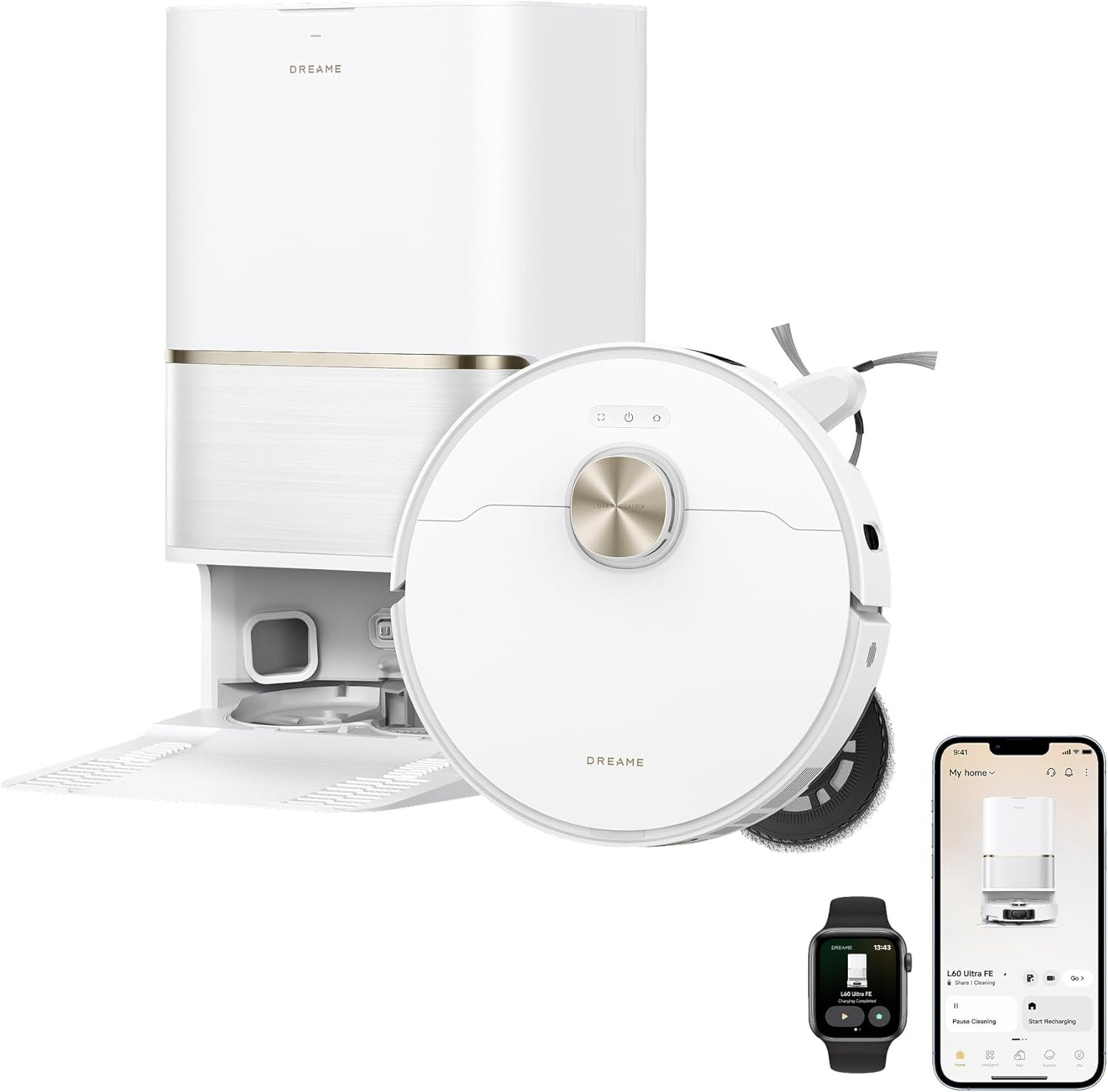DREAME L60 Ultra FE Robot Vacuum and Mop, Auto-Empty and 100℃ Self-Cleaning Mop, 30,000Pa Suction, Obstacle Avoidance and 360° Navigation, Corner to Edge Deep Cleaning, TriCut Brush, White