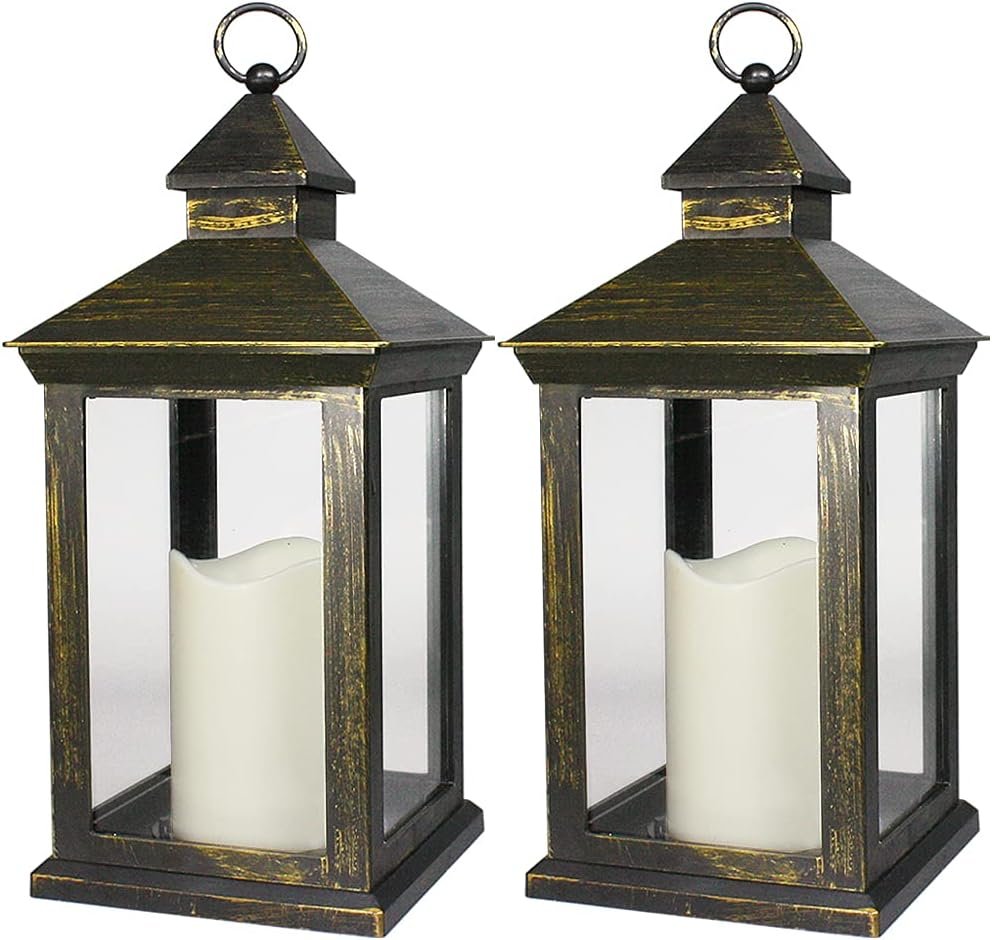 2-PACK 14 Inch Vintage Decorative Candle Lanterns With Timer – IP44 Waterproof Distressed Gold Decorative Outdoor Lanterns Battery Powered – Hanging Decorative Lanterns For Wedding Indoors