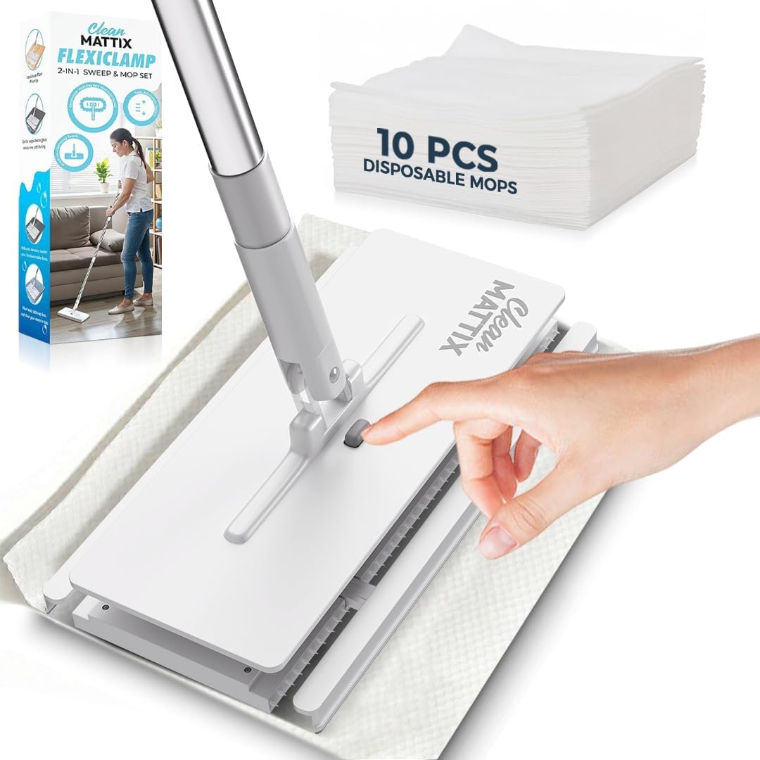 FlexiClamp Sweep & Mop Kit – Compatible with Swiffer Pads, Durable Cleaning Tool for Hardwood, Tile, Marble & Laminate Floors, Home, Kitchen Cleaning Essentials. (Include 10 Dry Cloths)