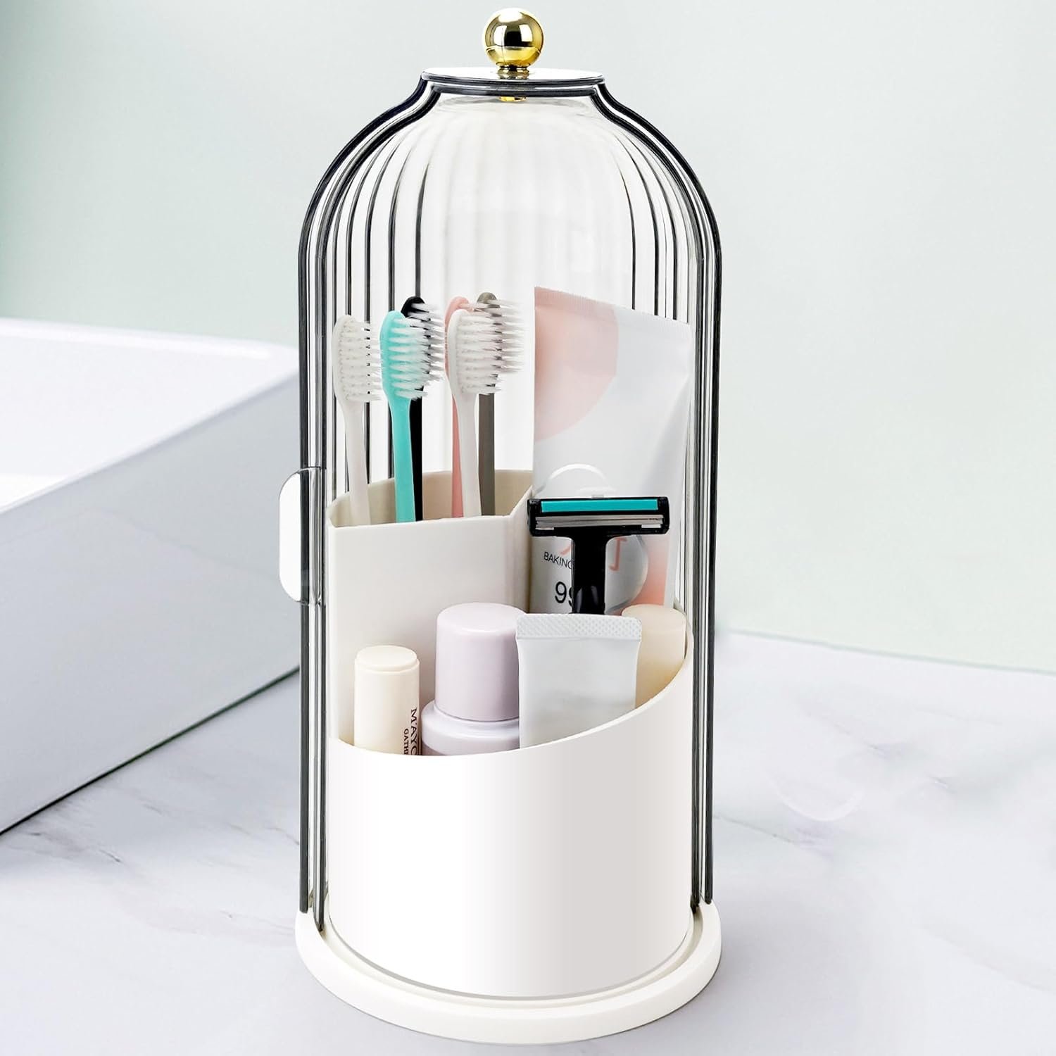 QIYVLOS Toothbrush Holders with Sliding Lid, Rotating 3 Slots Bathroom Organizer Countertop, Tooth Brush Toothpaste Holder Bathroom Counter Stand Sink Organizer Caddy for Vanity Makeup Brushes Holder