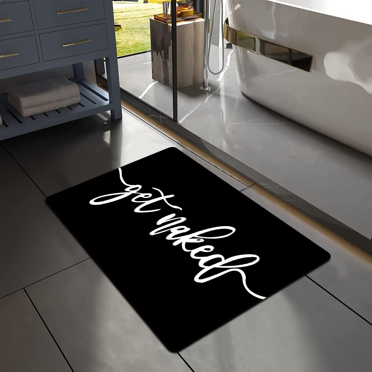 MUGINYU Get Naked Bath Mat, Fun Modern Black and White Quick Dry Absorbent Non-Slip Bathroom Rugs Thin Fit Under Door Bathroom Floor Mats for Bathtub, Shower Room, Sink