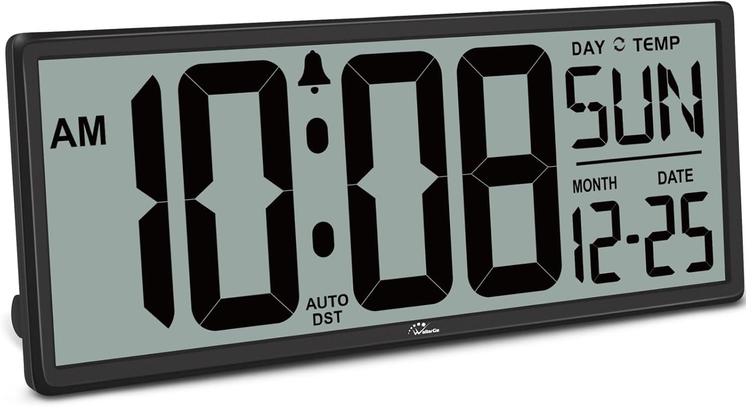 WallarGe 14.5” Large Digital Wall Clock Battery Operated with Jumbo Numbers, Temperature and Date – Easy to Read and Set, Auto DST