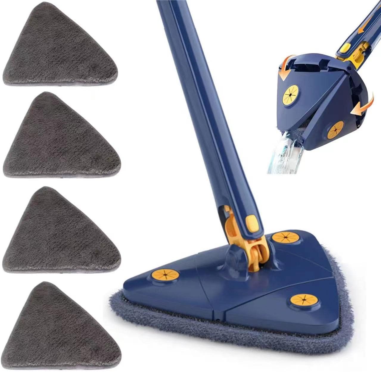 360 Degree Rotatable Adjustable Cleaning Mop,52.1” Telescopic Triangular Mop with Automatic Water Squeezing Function for Floor Window Ceiling,with 4 Replacement Microfiber Pads (Blue)