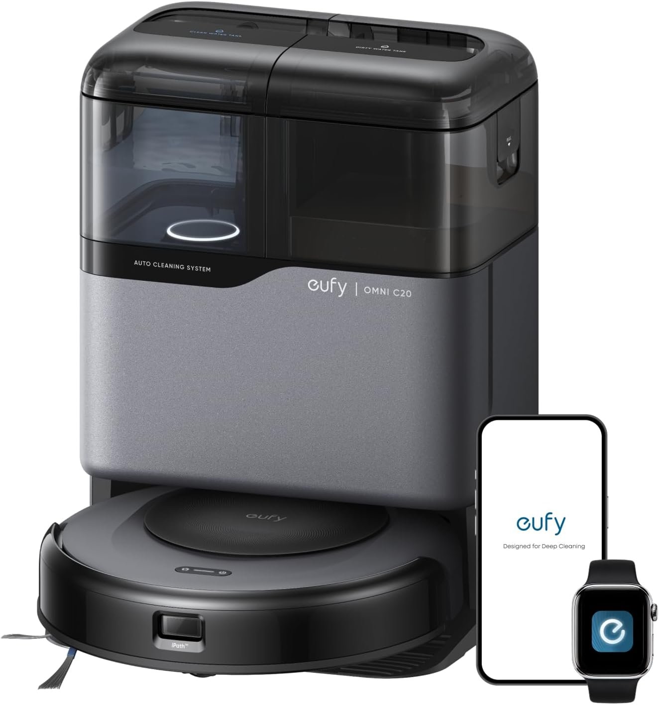 eufy Robot Vacuum Omni C20, 7,000 Pa, 60 Days Self Emptying, Auto Mop Washing, Auto Drying, 3.35″ Ultra Slim, Transparent Tanks, Robot Vacuum and Mop Combo