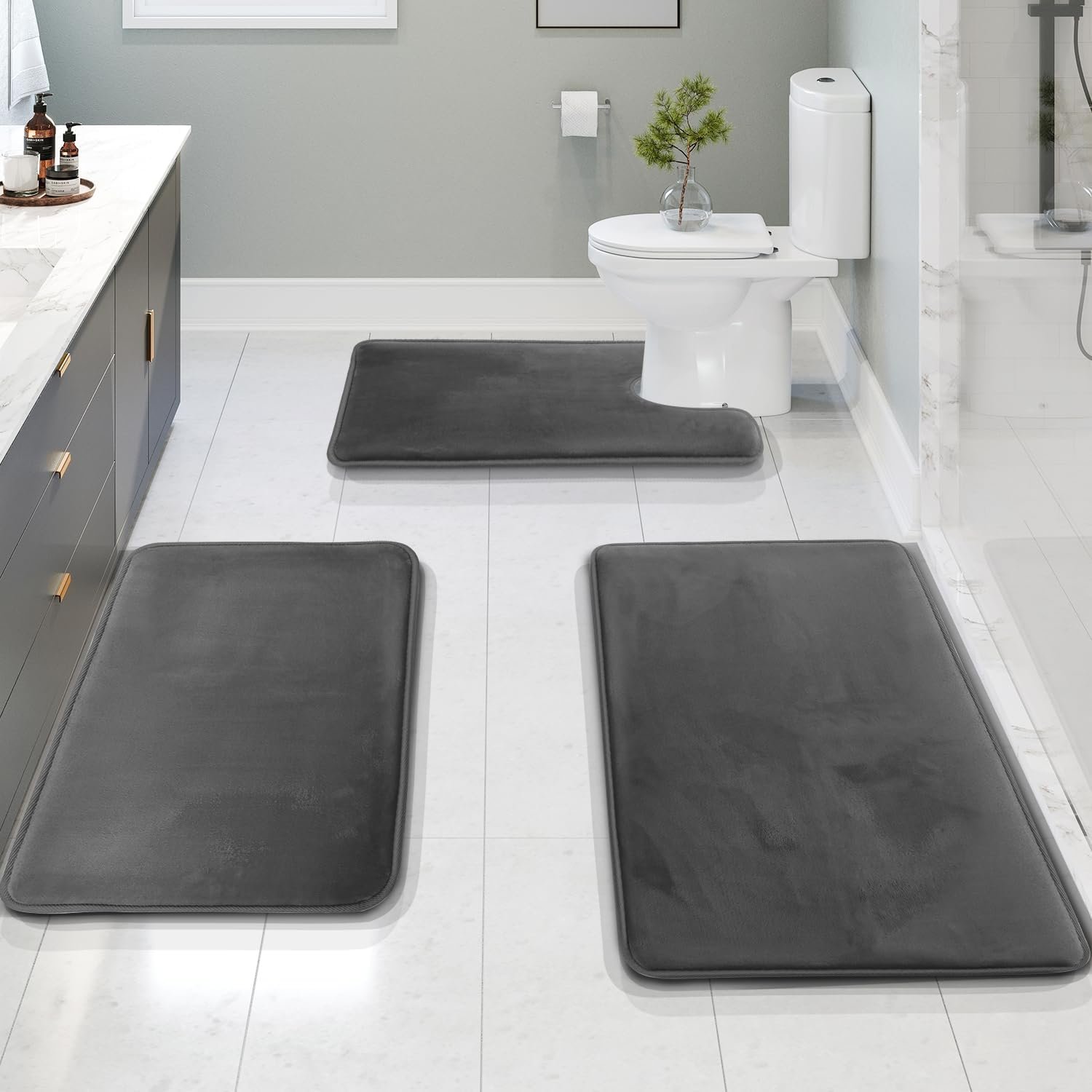 Clara Clark 3 Piece Bathroom Rugs Bath Mat Set, Velvet Memory Foam Bath Mats for Bathroom – Non-Slip, PVC Backing Bath Rugs, Washable – Dries Quickly, Grey