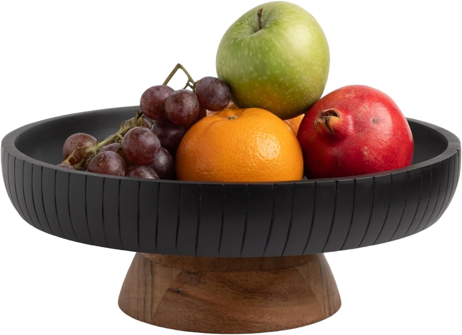 Mango Wood fruit bowl, Decorative black bowl with natural finish pedestal | 12″ dia | Dual tone look | Use as Centerpiece for kitchen counter or dining table (Black)