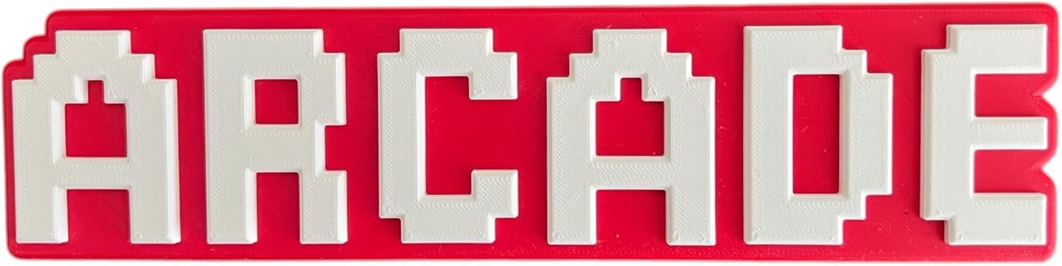 Retro Arcade Sign, 3D Printed Gaming Decor, Pixelated Style Wall Art, Red and White, 9.75 Inches Wide