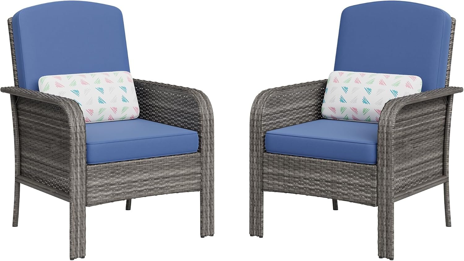 IDEALHOUSE 2-Piece Outdoor Patio Set, All-Weather Wicker Chairs with High Back & Cushions for Deck, Porch, Garden,Gray Rattan+Blue Cushion
