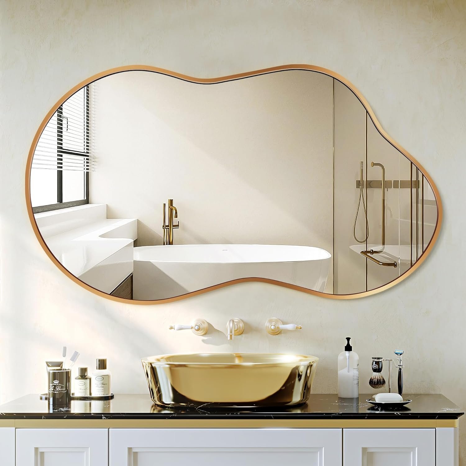 Dorlicecass Irregular Wall Mirror – Wall Mirrors Decorative 20″x36″ Gold Asymmetrical Mirror Tempered Glass Aviation Aluminum Alloy Frame for Bathroom, Bedroom, Living Room, Cloakroom, Entryway