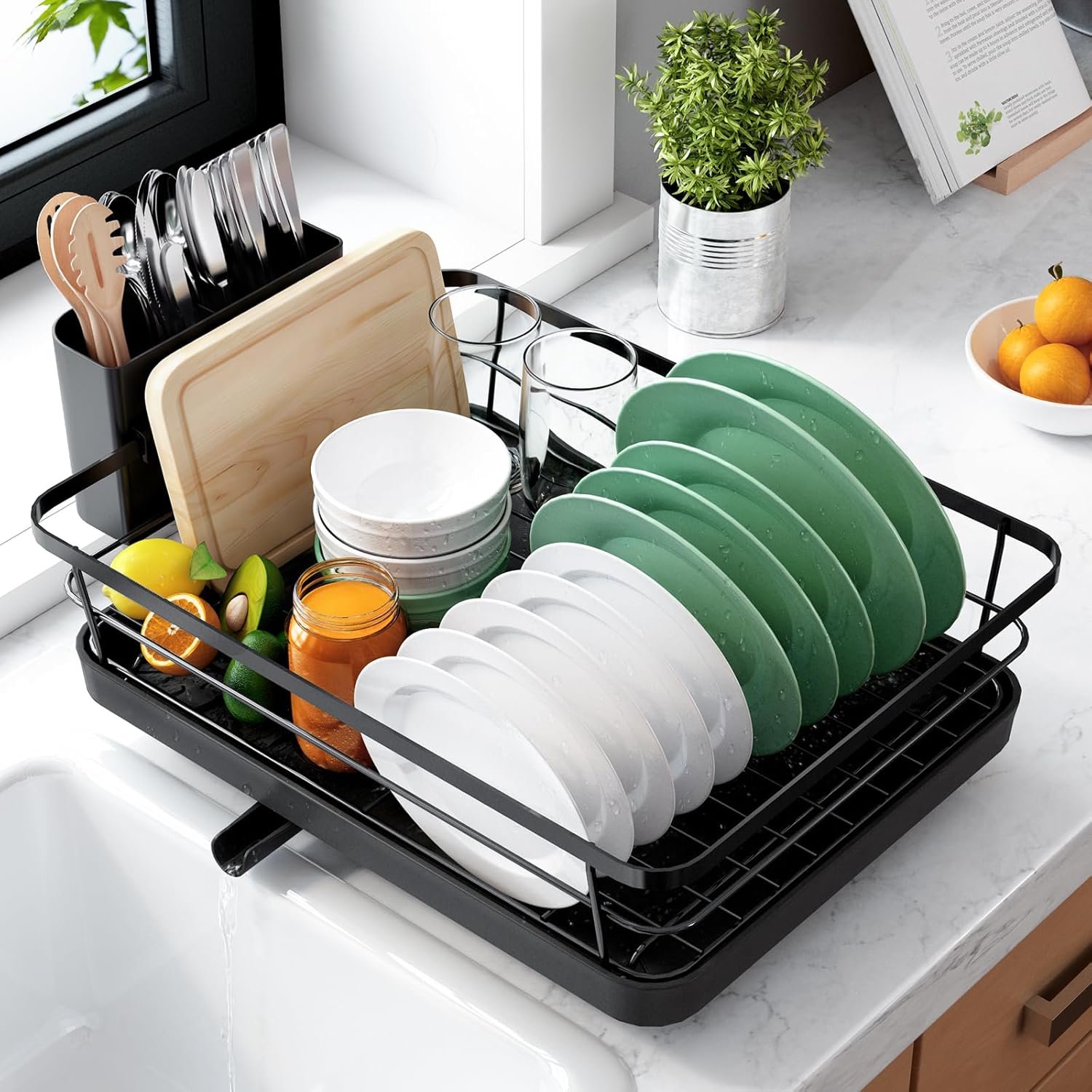 Kitsure Dish Drying Rack for Kitchen Counter, Stainless Steel Sink Organization and Storage Essentials with Cutlery Holder, Home and Appartment Decor, 12”W x 15.5”L, Black