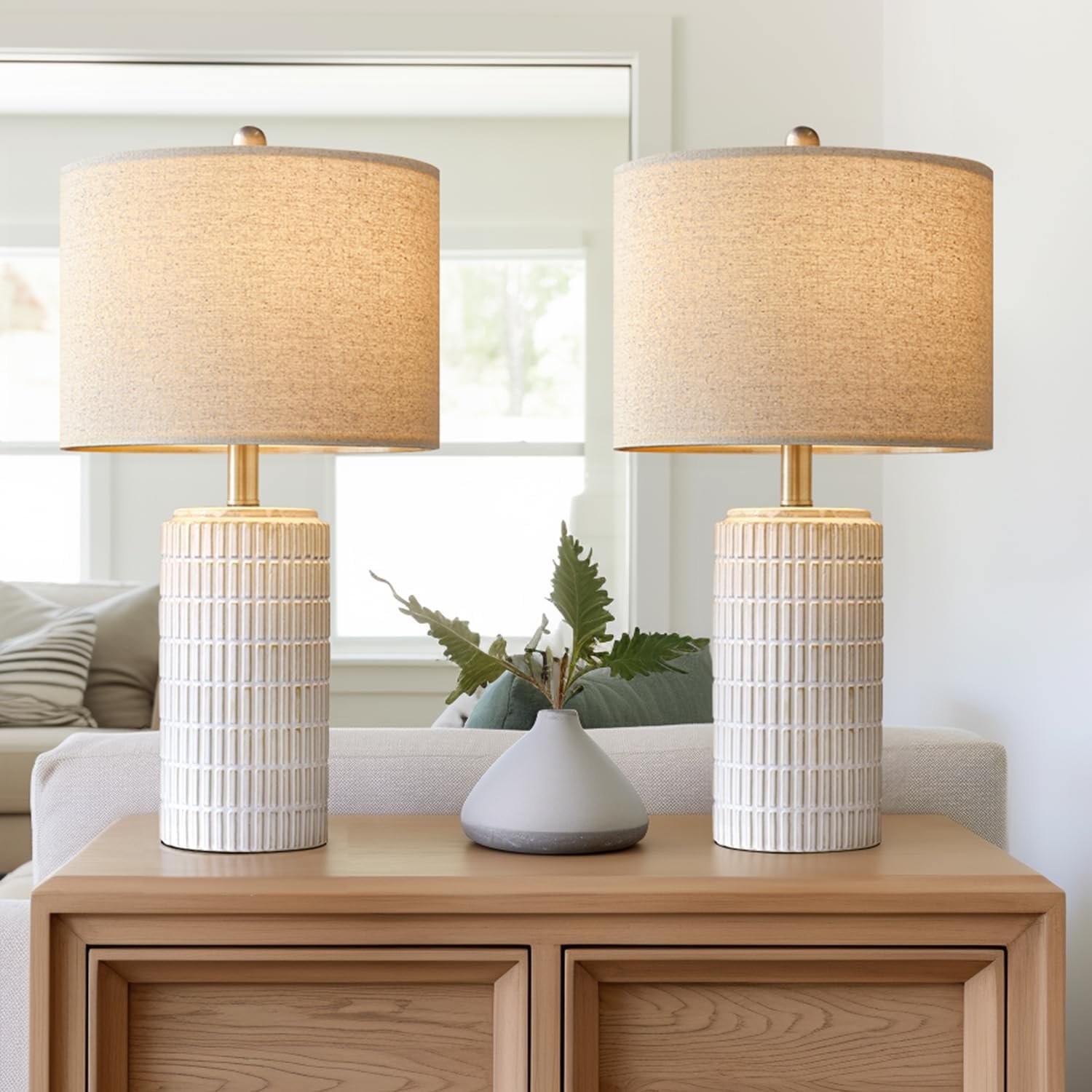 PoKat 23″ Modern Ceramic Table Lamp Set of 2 for Living Room White Desk Lamps for Bedroom Farmhouse Bedside Nightstand Lamp House Warming Gifts New Home Decor End Table Lamps Gifts for Women Mom Beige