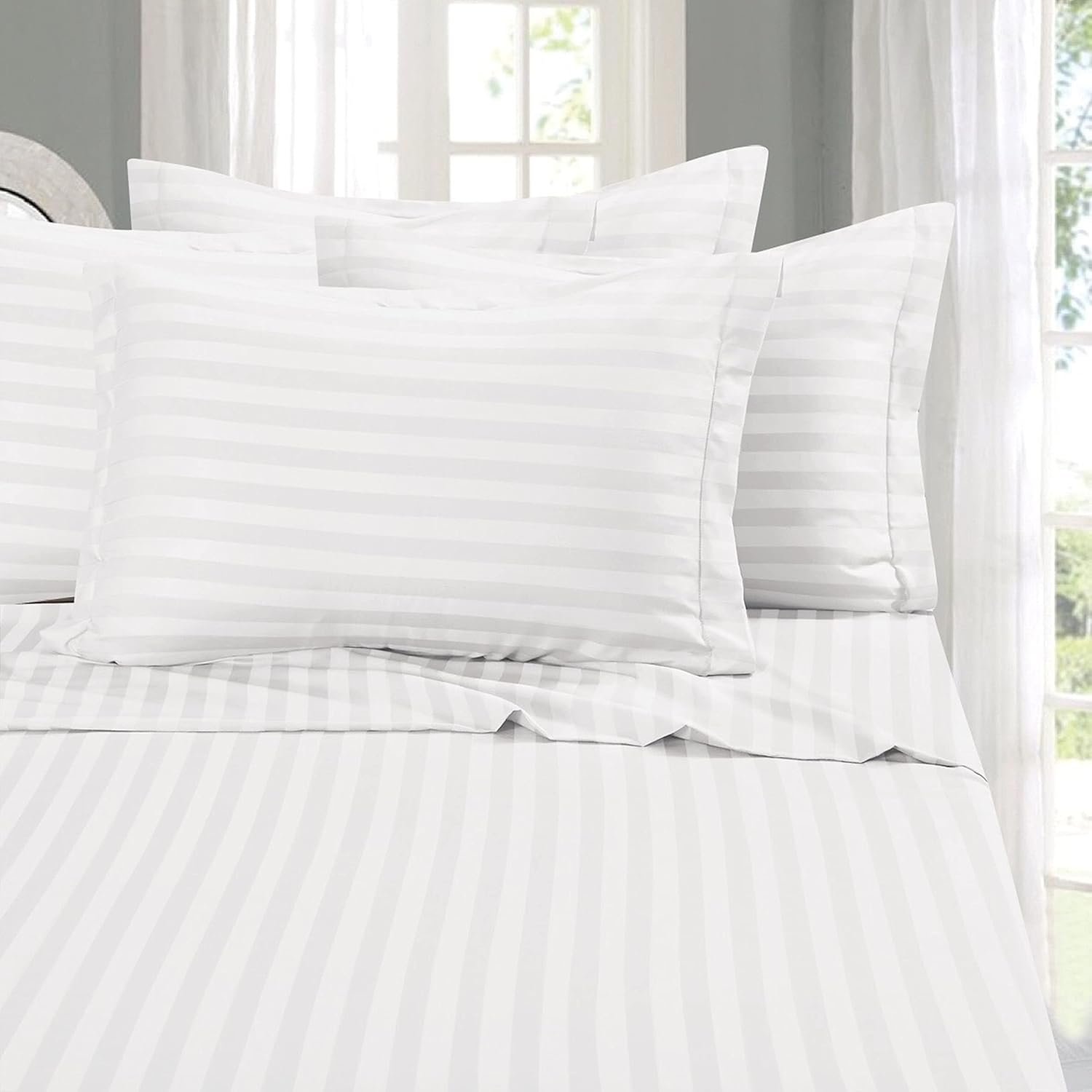 Elegant Comfort Best, Softest, Coziest 6-Piece Sheet Sets! – 1500 Premier Hotel Quality Luxurious Wrinkle Resistant 6-Piece Damask Stripe Bed Sheet Set, King White