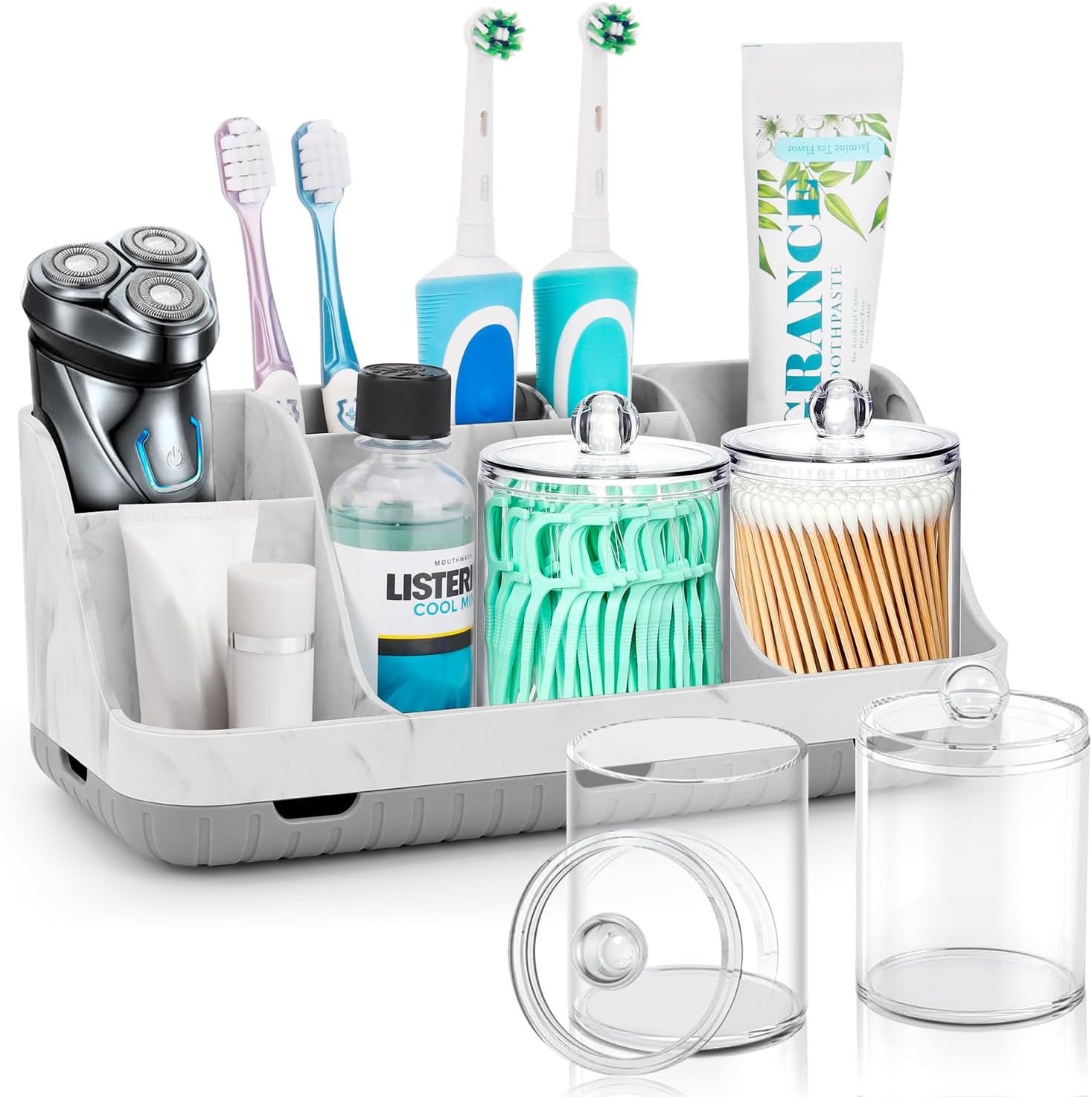 GFWARE Bathroom Toothbrush Holder Set with 2 Pack Qtip Holder Dispenser – Detachable 7 Slots Bathroom Accessory Set, Kids Marble Bathroom Sink Counter Set, Bathroom Essentials Decor, Grey