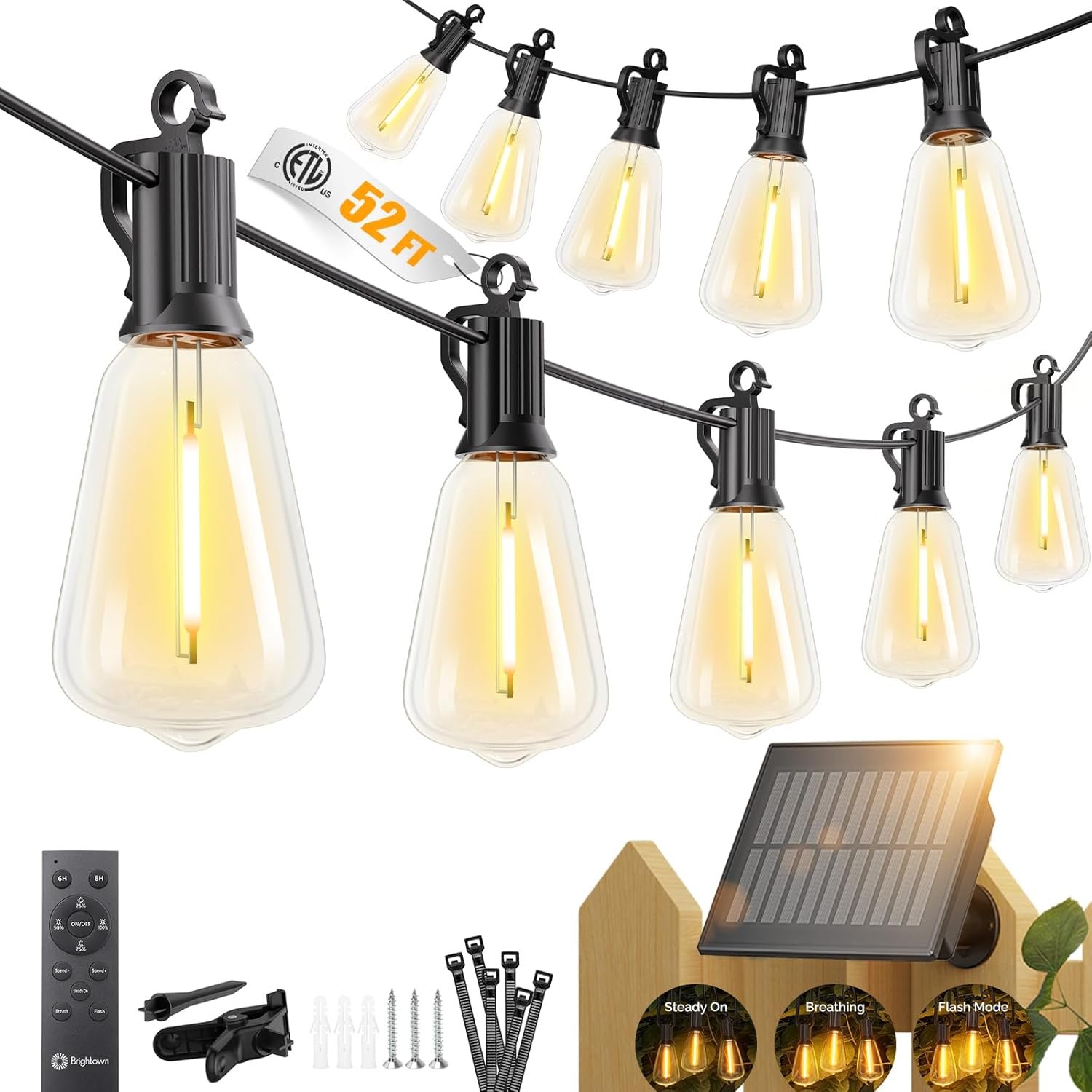Brightown 52FT Solar String Lights Outdoor Waterproof, Patio Lights with Remote & Timer, USB/Solar Powered Dimmable Outdoor Lights, 15+1 LED Bulbs for Backyard Garden Camping Party – 26Hrs Runtime