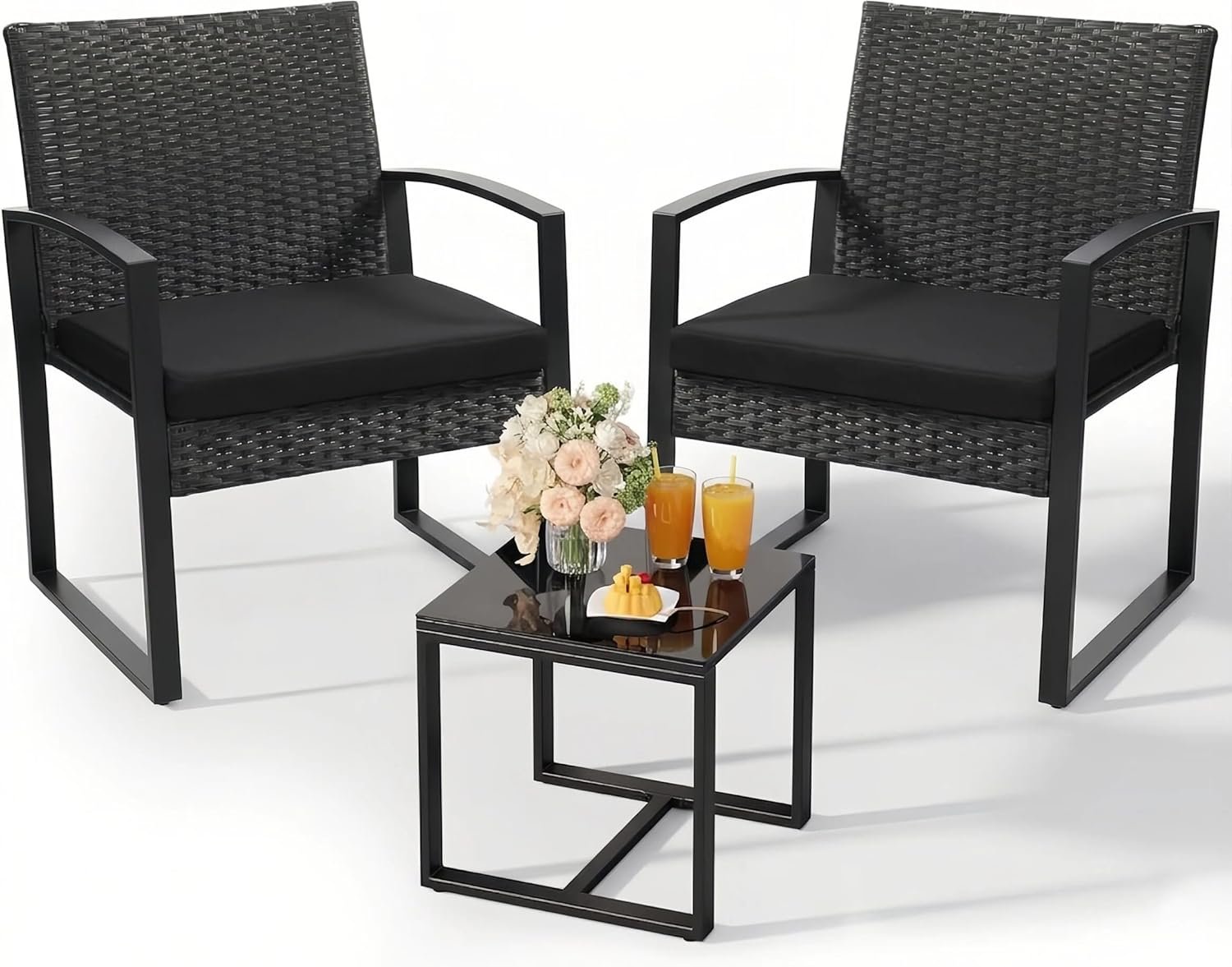 Murago 3-Piece Patio Bistro Set – Outdoor Rattan Conversation Chair Set with Glass Coffee Table & Cushions – Perfect for Balcony, Porch, Garden, Poolside, Black/Black