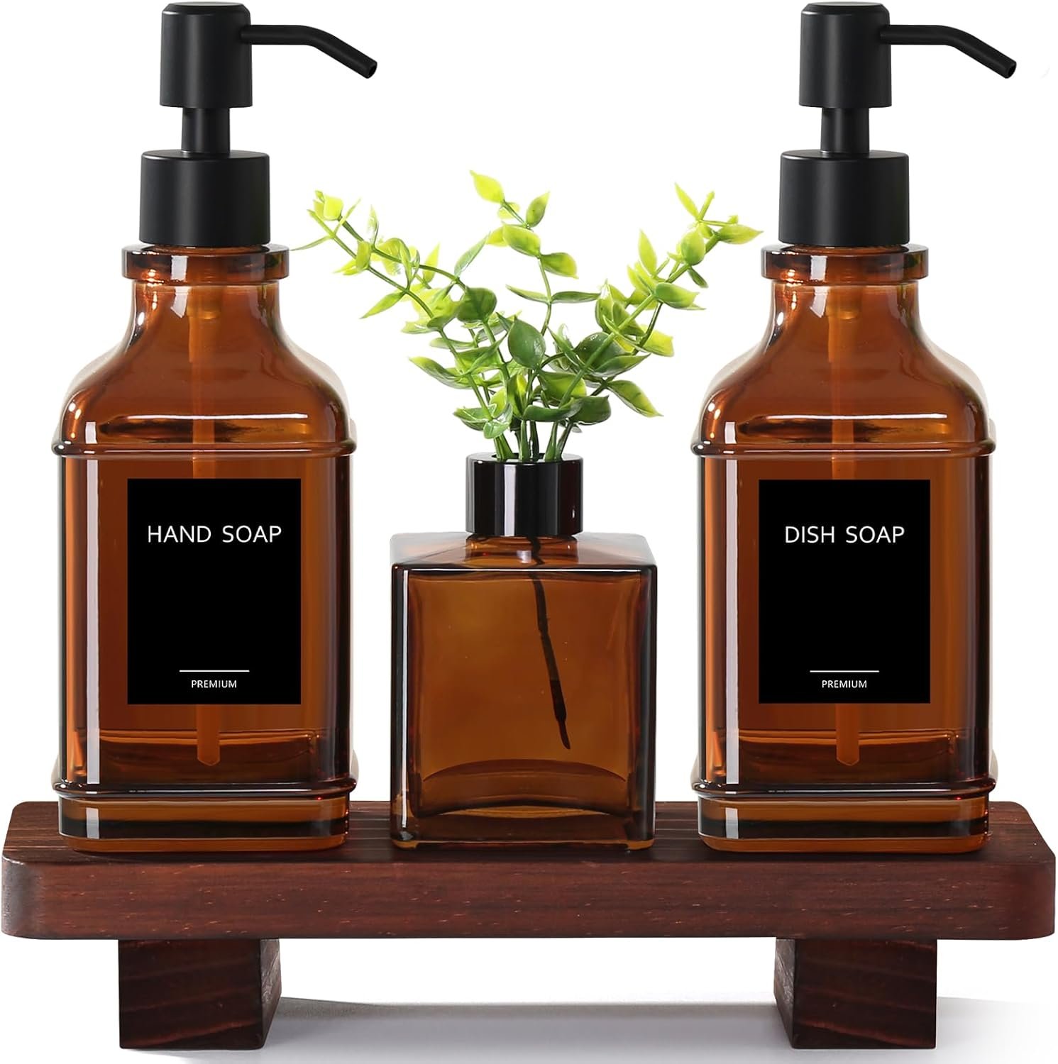 Modern Kitchen Soap Dispenser Set with Wood Tray, Amber Glass Soap Dispensers with Pump, Decorative Hand and Dish Soap Dispenser Set, Soap and Lotion Dispenser Upgrade for Kitchen and Bathroom Decor