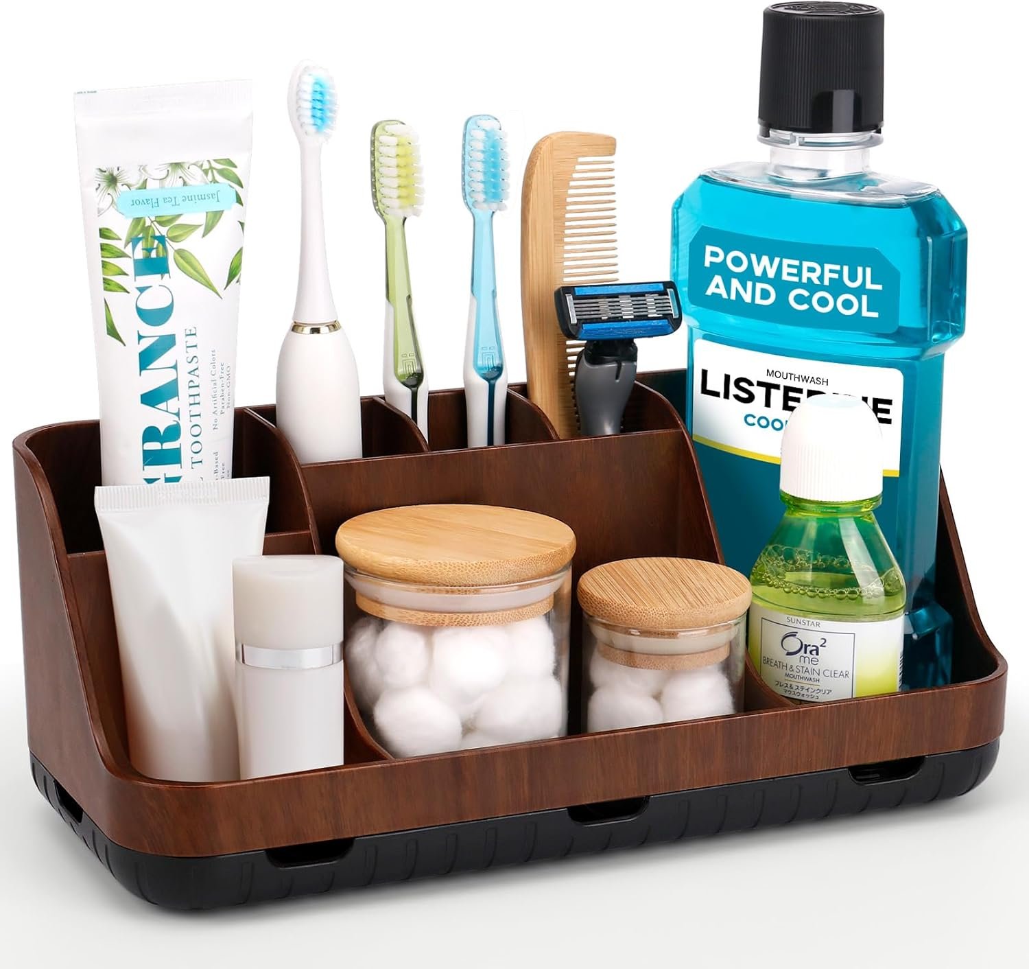 GFWARE Wood Toothbrush Holders for Bathrooms Countertop Organizer – Detachable 7 Slots Kid Bathroom Decor and Accessories, Wooden Bathroom Sink Storage Organization, Caddy, Tray, Brown