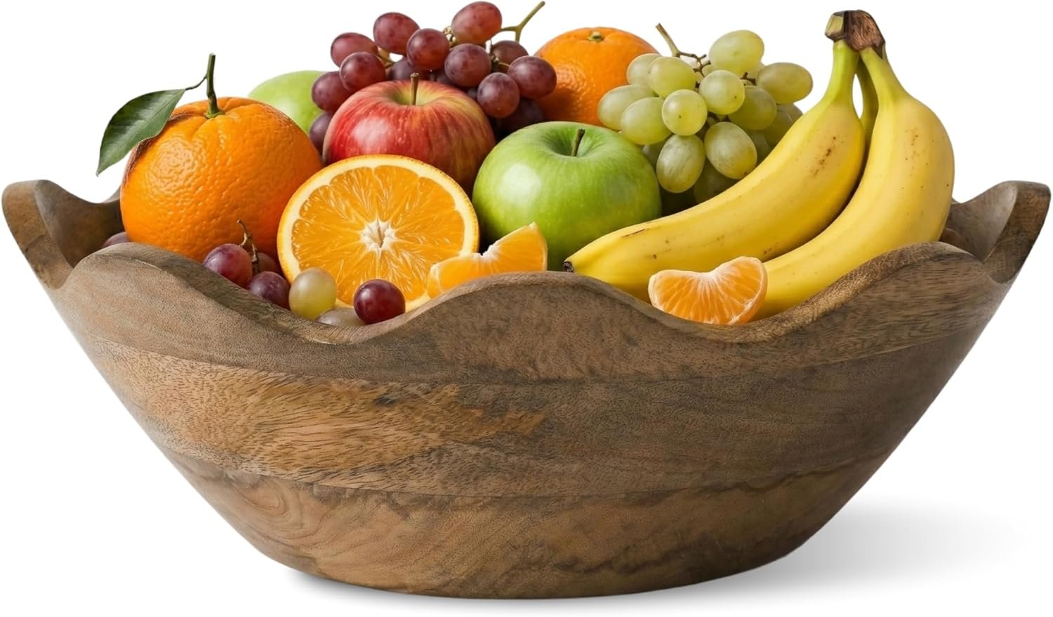Mela Artisans 12 in Wide x 4 in Tall Scalloped Mango Wood Bowl – Hand-Carved Decorative Serving and Fruit Bowl with Visible Wood Grain for Kitchen Counter, Snacks, Bread and Home Decor