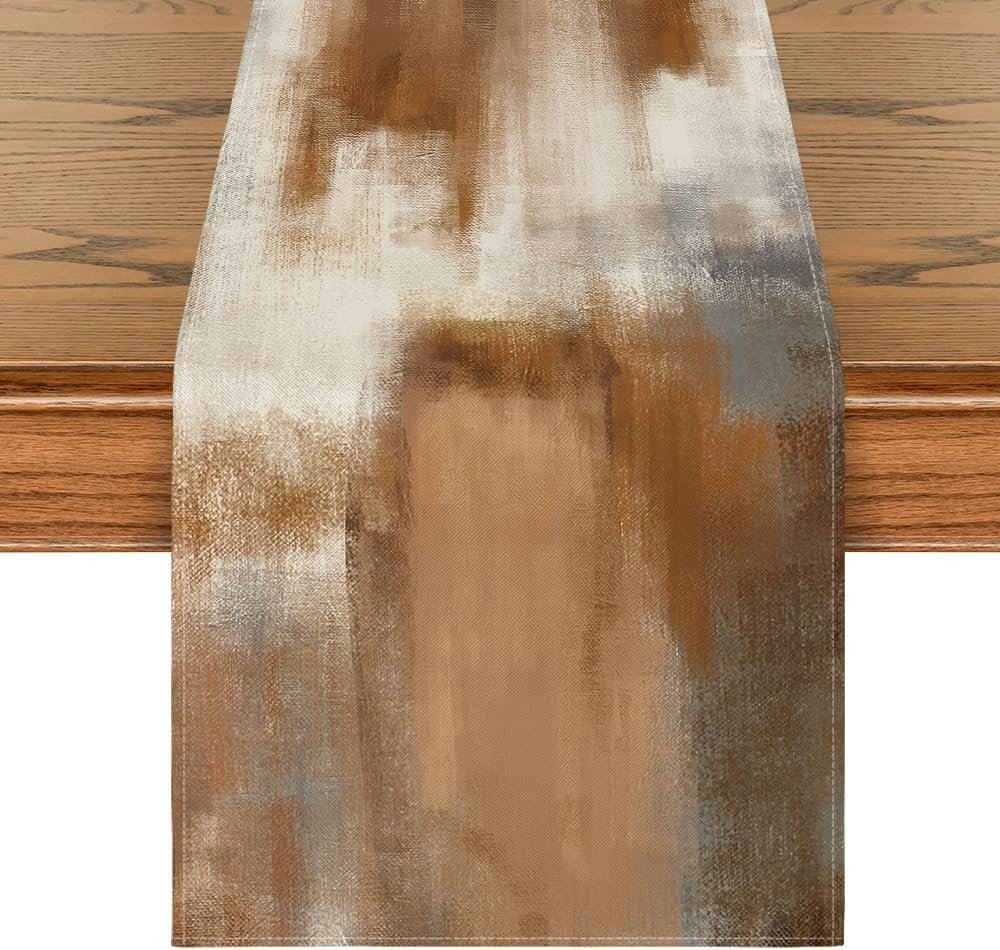 Artoid Mode Brown Abstract Modern Art Table Runner, Seasonal Farmhouse Style Kitchen Dining Table Decoration for Home Party Decor 13×72 Inch