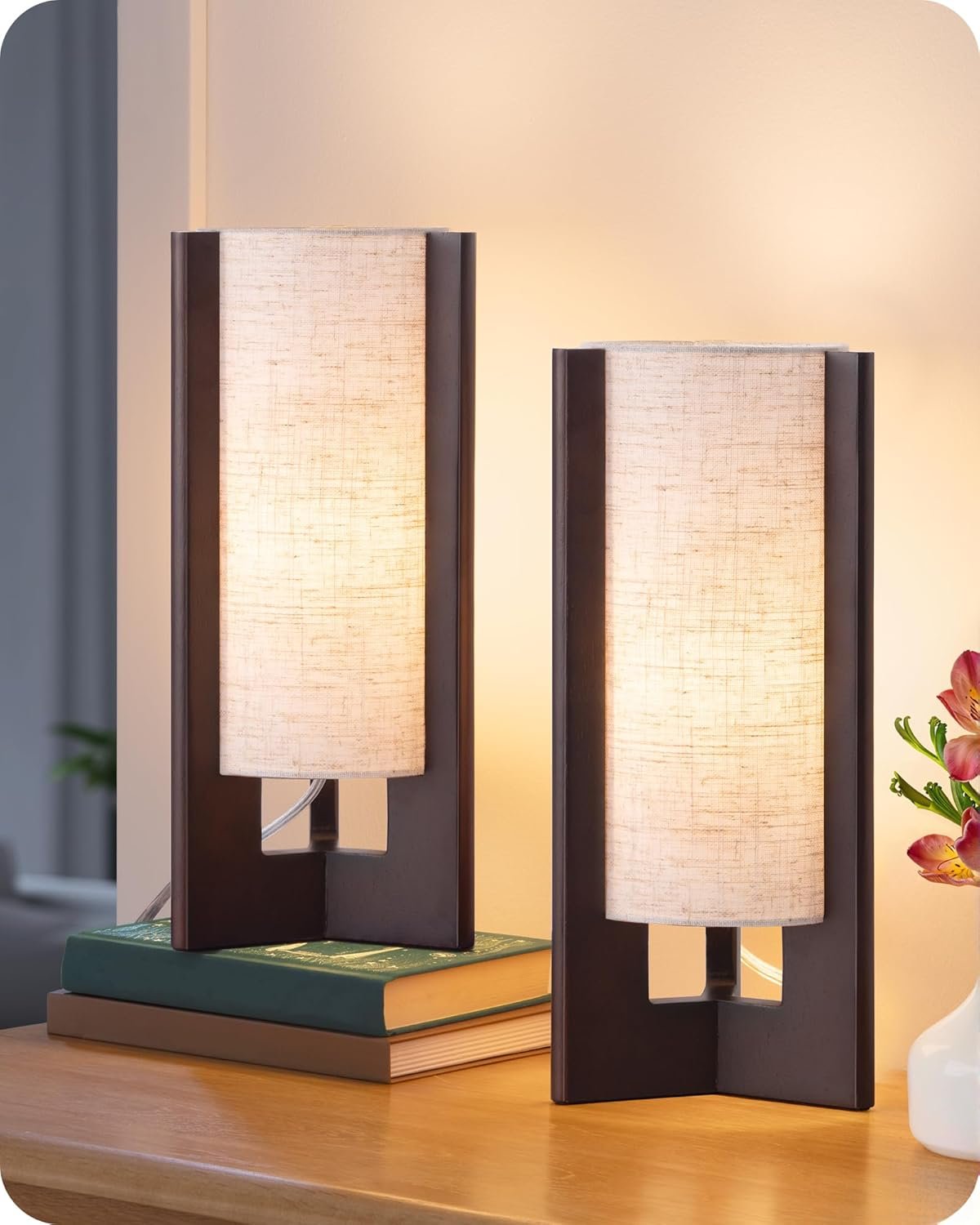 EDISHINE 13.5″ Small Table Lamps, Walnut Wood Cylinder Bedside Lamp for Bedroom, Beige Linen Shade, Corner Modern Nightstand Lamp for Living Room, On-Off Switch, E26 Base (Bulb Not Included), 2Pack