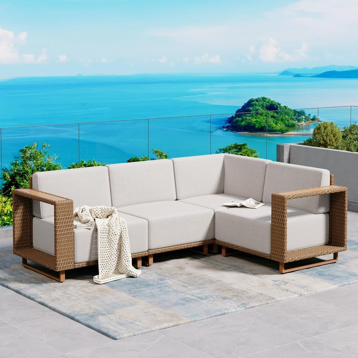 SUNSHINE VALLEY L Shaped Patio Furniture, Outdoor Sectional Sofa with 10”Ultra-Thick Cushions, Yellow Rattan Wicker Patio Conversation Set, Low Profile Lawn Garden Backyard Furniture