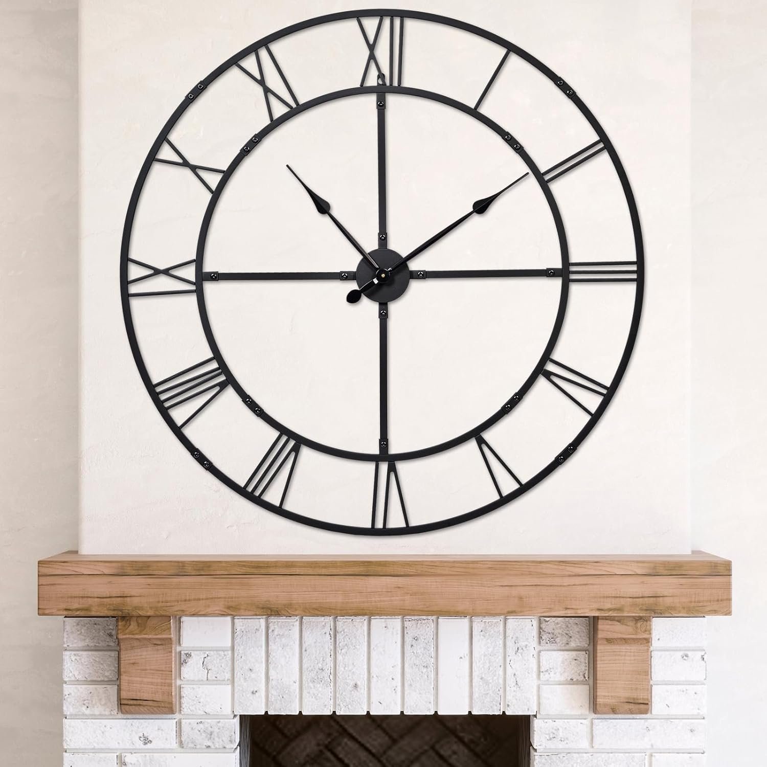 32 Inch Large Wall Clock for Living Room Decor – Easy-Assembly (KD) Silent Non-Ticking Modern Farmhouse Wall Clock, Oversized Decorative Metal Roman Numeral Clock, Black