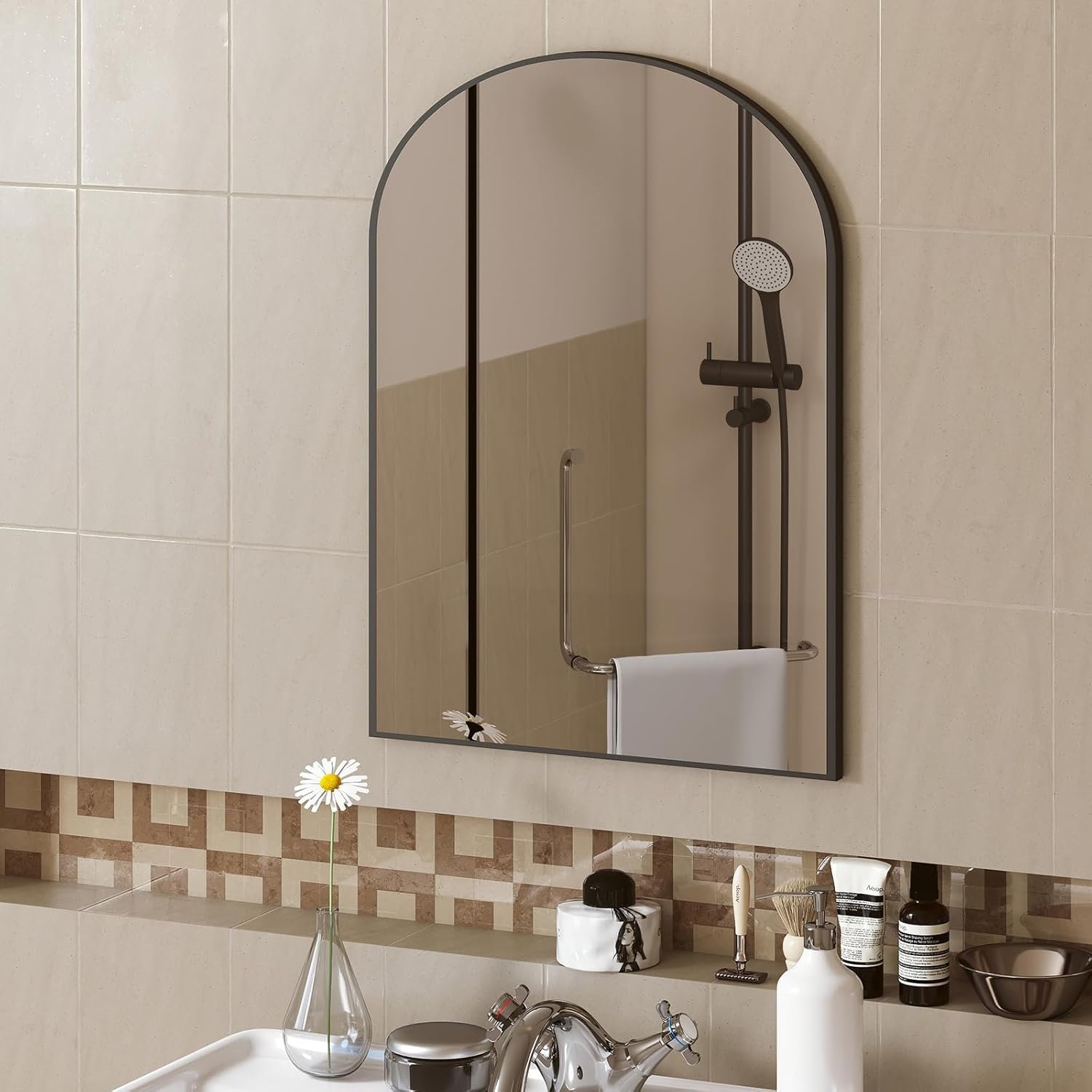 DUMOS Black Metal Arch Vanity Rounded Rectangle Bathroom Mirrors for Over Sink Wall, 21×30 Inch Large Matte Mirror, Modern Decorative for Restroom, Farmhouse