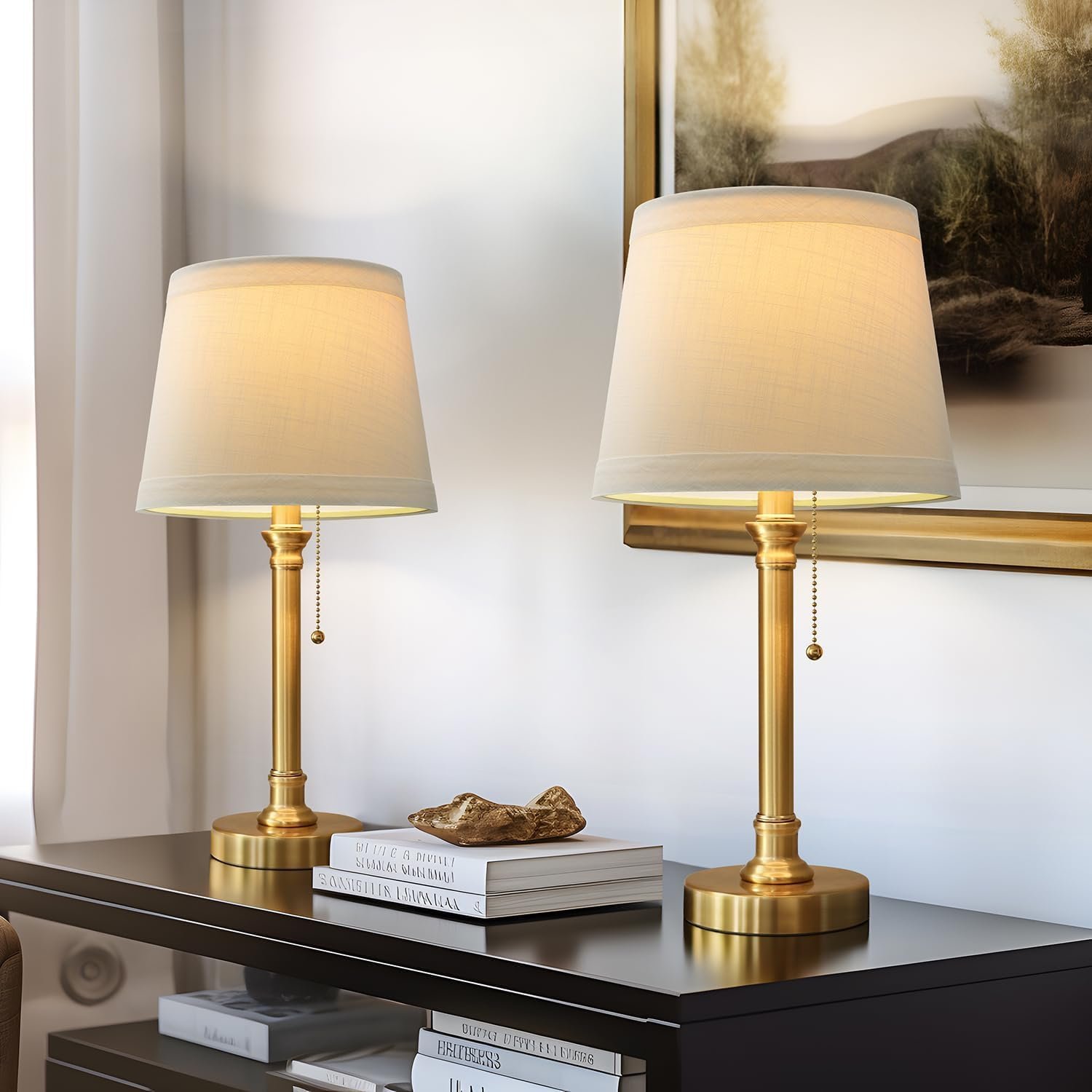 Oneach Modern Gold Brass Table Lamp Set of 2 for Bedroom Living Room 19.5” Traditional Bedside Desk Nightstand Buffet Candlestick Samll Lamps with White Drum Shade