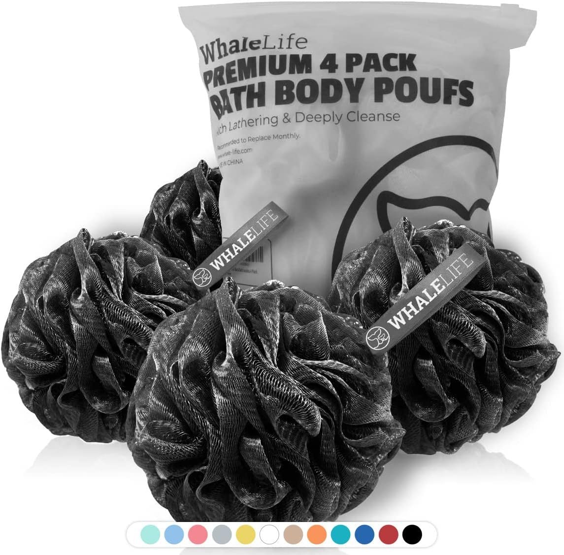 WhaleLife Loofah Bath Sponges – Black Gentle Exfoliating Shower Loofah for Rich Lather, Durable Mesh Body Scrubber for Men & Women 4 Pack